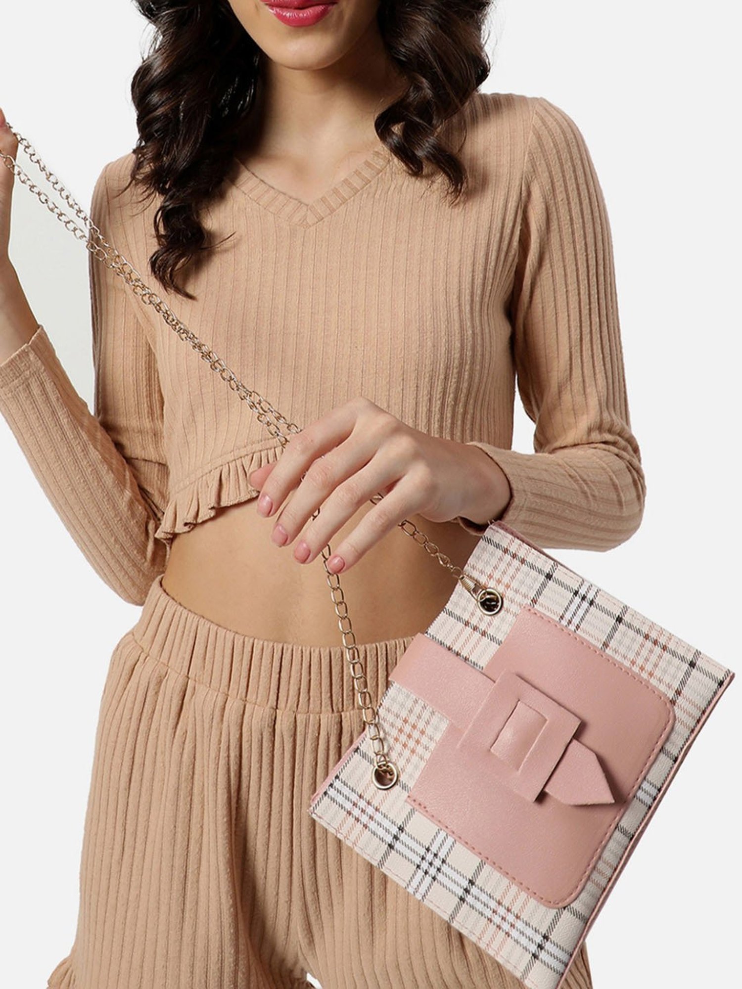 HauteSauce Beige Textured Medium Handheld Handbag