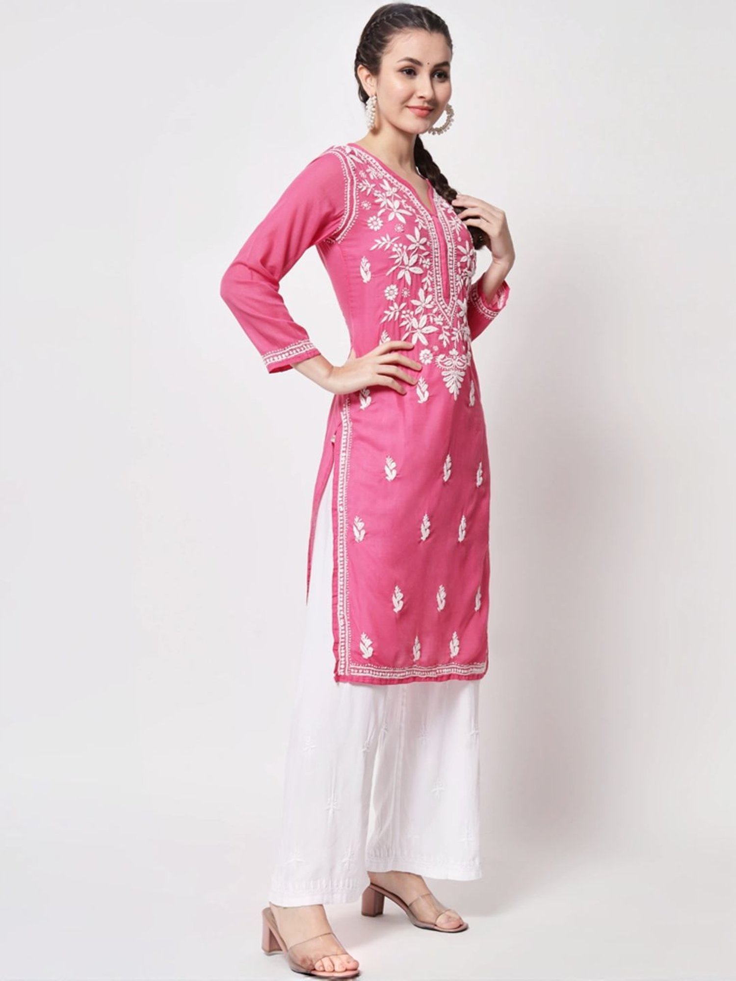 PARAMOUNT CHIKAN Hot Pink Cotton Hand Embroidered Chikankari Straight Kurta