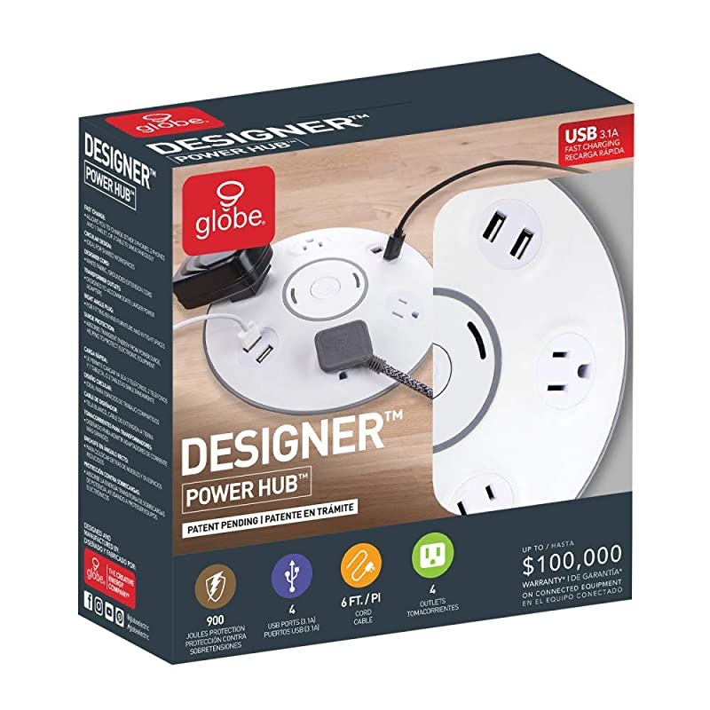 Designer Series 6 ft. 4-Outlet USB Surge Protector Desktop Power Strip Hub 78525, Black Finish