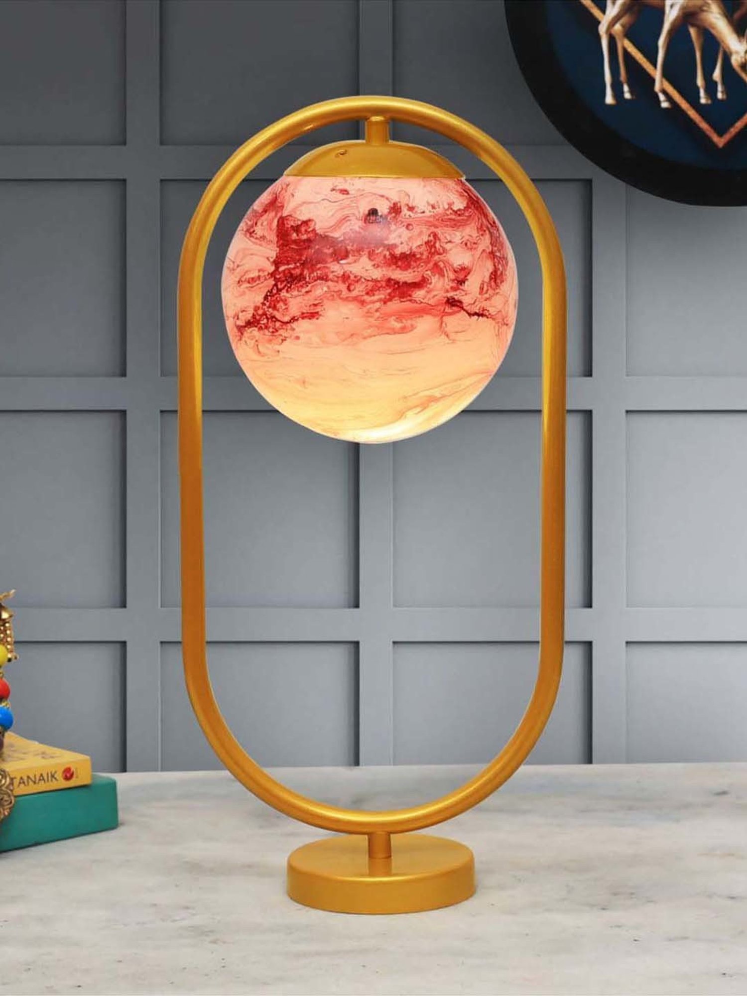 Homesake Red & Golden Metal Bedside Globe Desk Lamp