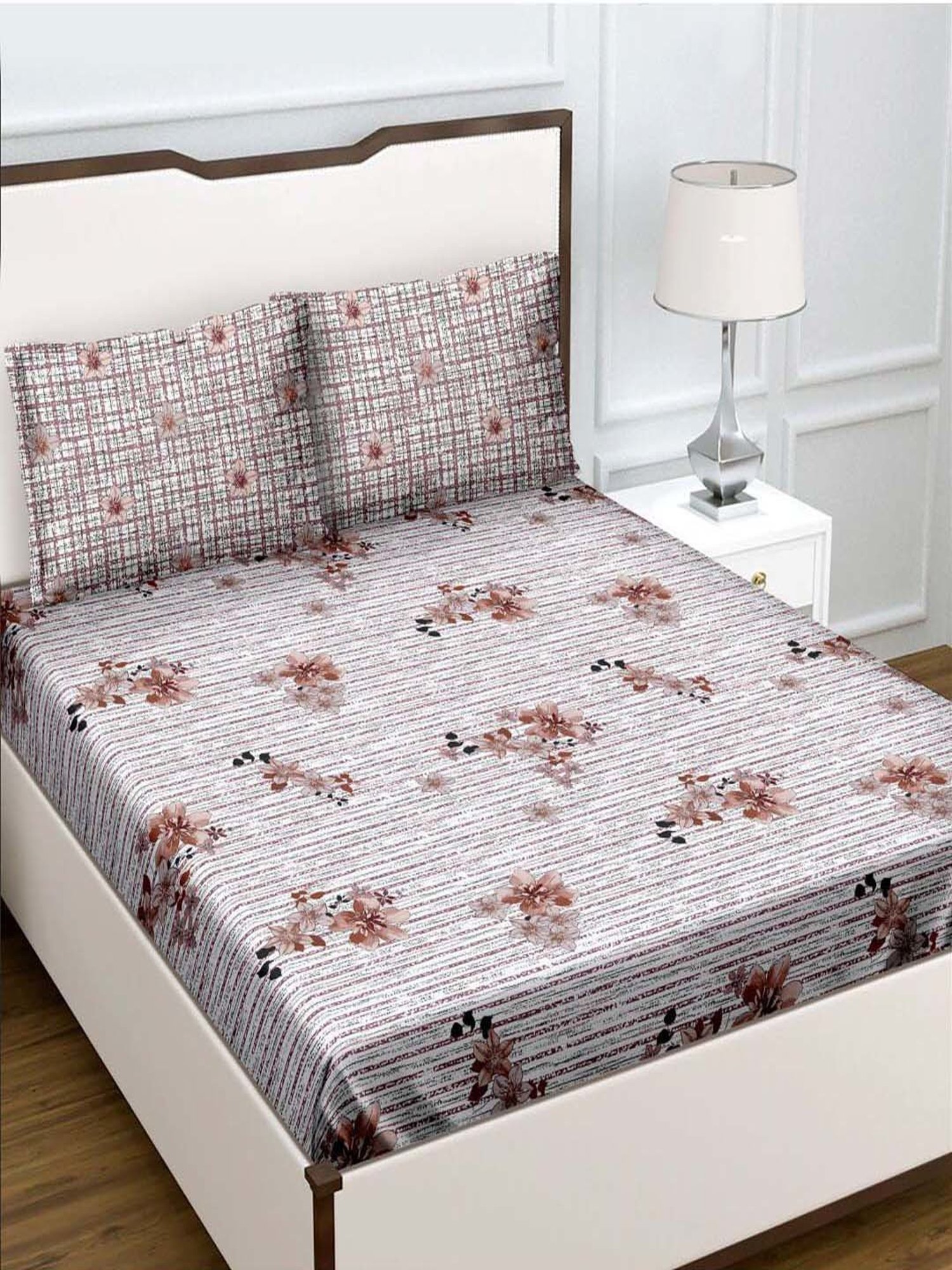 BELLA CASA Genteel Floral Brown 180 TC Cotton King Bedsheet with 2 Pillow Covers