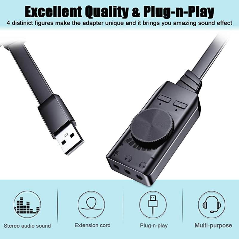 USB Sound Card Adapter  71 Channel External Audio Adapter Stereo Sound Card Converter 35mm AUX Microphone Jack for Gaming Headset Earphone PS4 Laptop Desktop Windows Mac OS Linux Plug Play