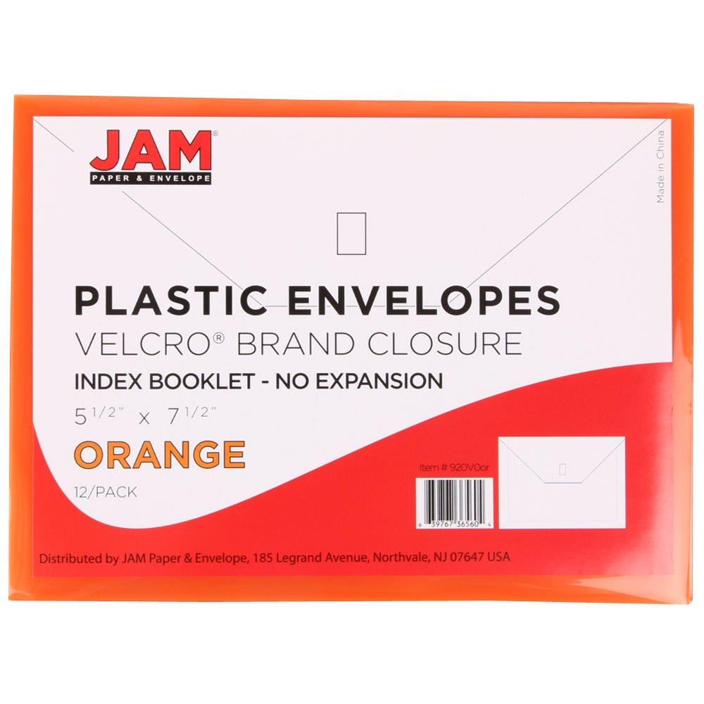 JAM PAPER Plastic Envelopes with Hook & Loop Closure - Index - 5 1/2 x 7 1/2 - Orange - 12/Pack