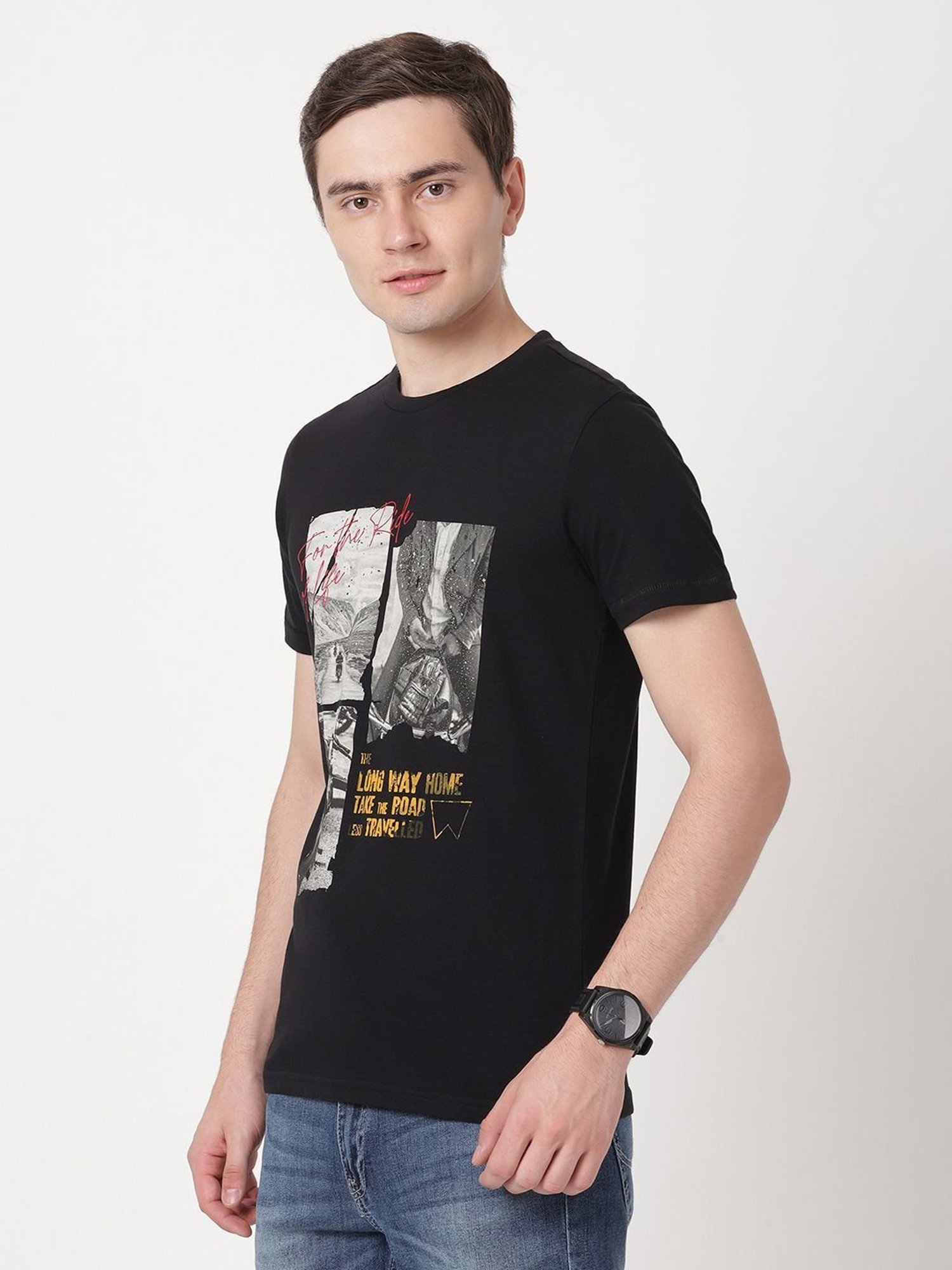 Wrangler Jet Black Cotton Regular Fit Printed T-Shirt