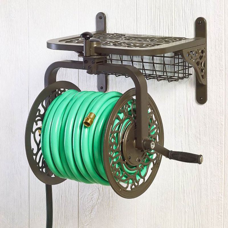 Liberty Garden LBG-714 Decorative Cast Aluminum Navigator Rotating Garden Hose Reel with Storage Basket for 125' of 5/8" Hose, Bronze