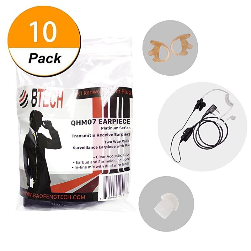QHM07 Premium Noise Cancelling Earpiece with In-line PTT & Microphone (Includes Earmolds and Earbud) with Clear Acoustic Coil Tube for BaoFeng, , Kenwood Radios (10 Pack) &ndash; Platinum Series