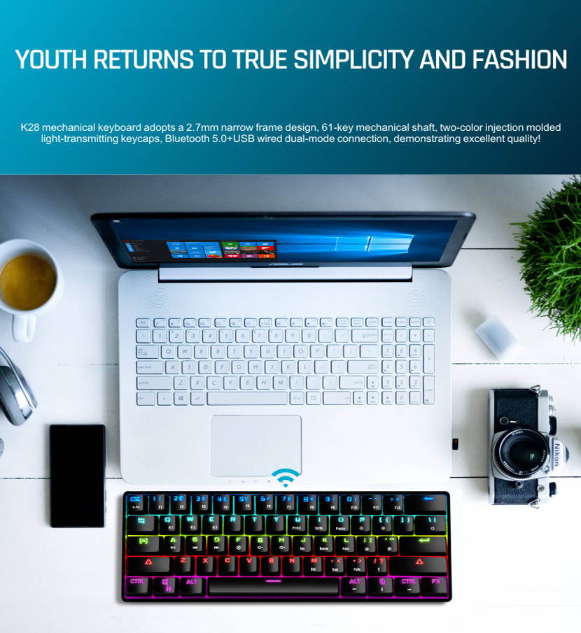 CUUWE K28 Wireless Bluetooth 61-Key Dual-Mode RGB Backlit Waterproof Mechanical Gaming Keyboard - Office Keyboard -Gaming Keyboard