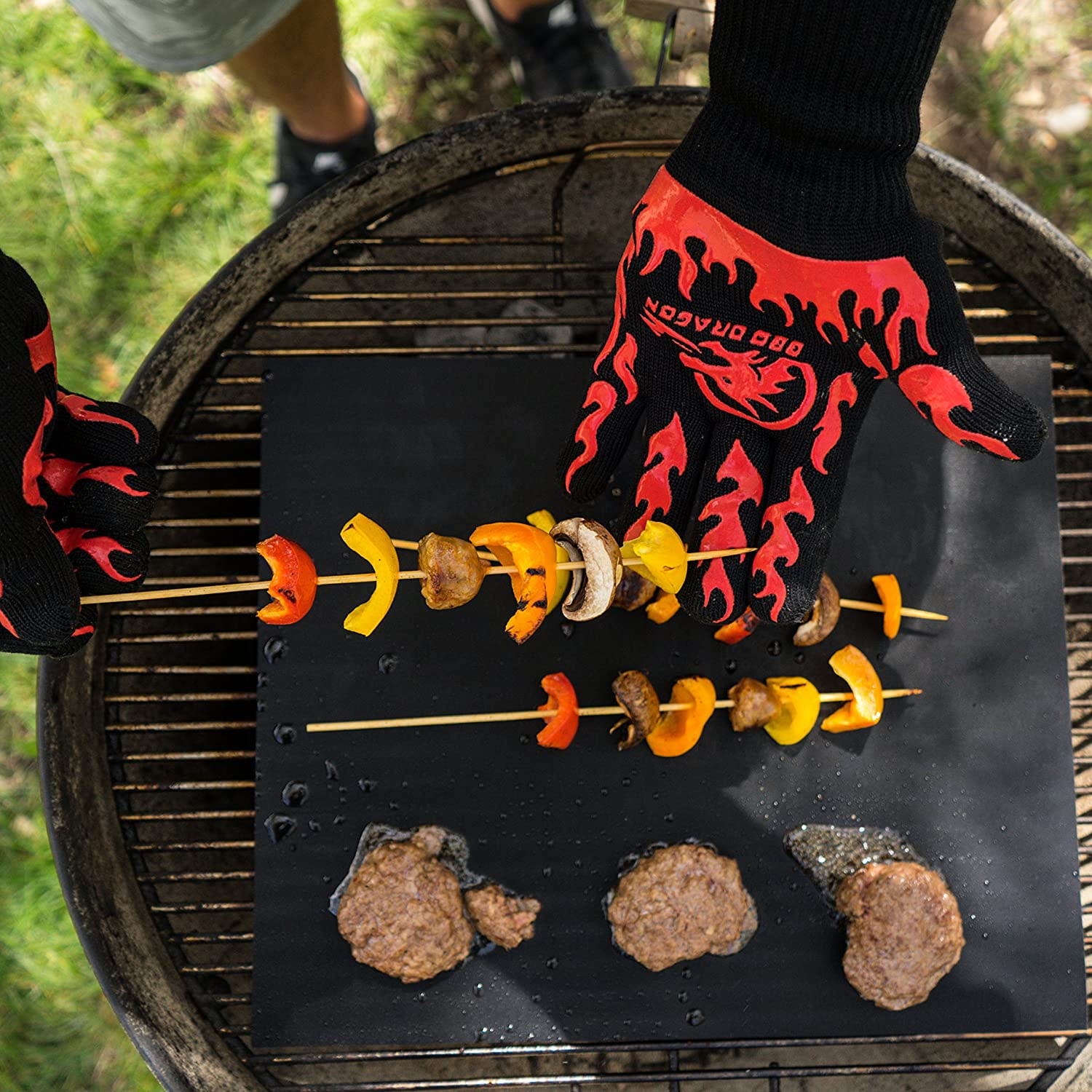 BBQ Dragon Grill Mats Set of 3 - Black, Heavy Duty Large Reusable, Grill Pans Non Stick, Charcoal BBQ, Barbecue Grilling and Baking Accessories for Grilling, Easy Clean