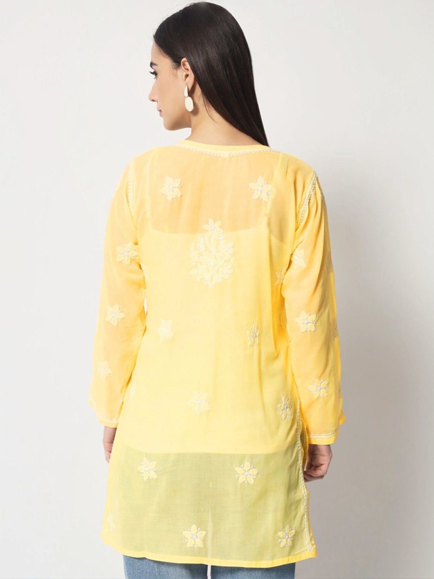 PARAMOUNT CHIKAN Pale Yellow Cotton Hand Embroidered Chikankari Straight Kurti