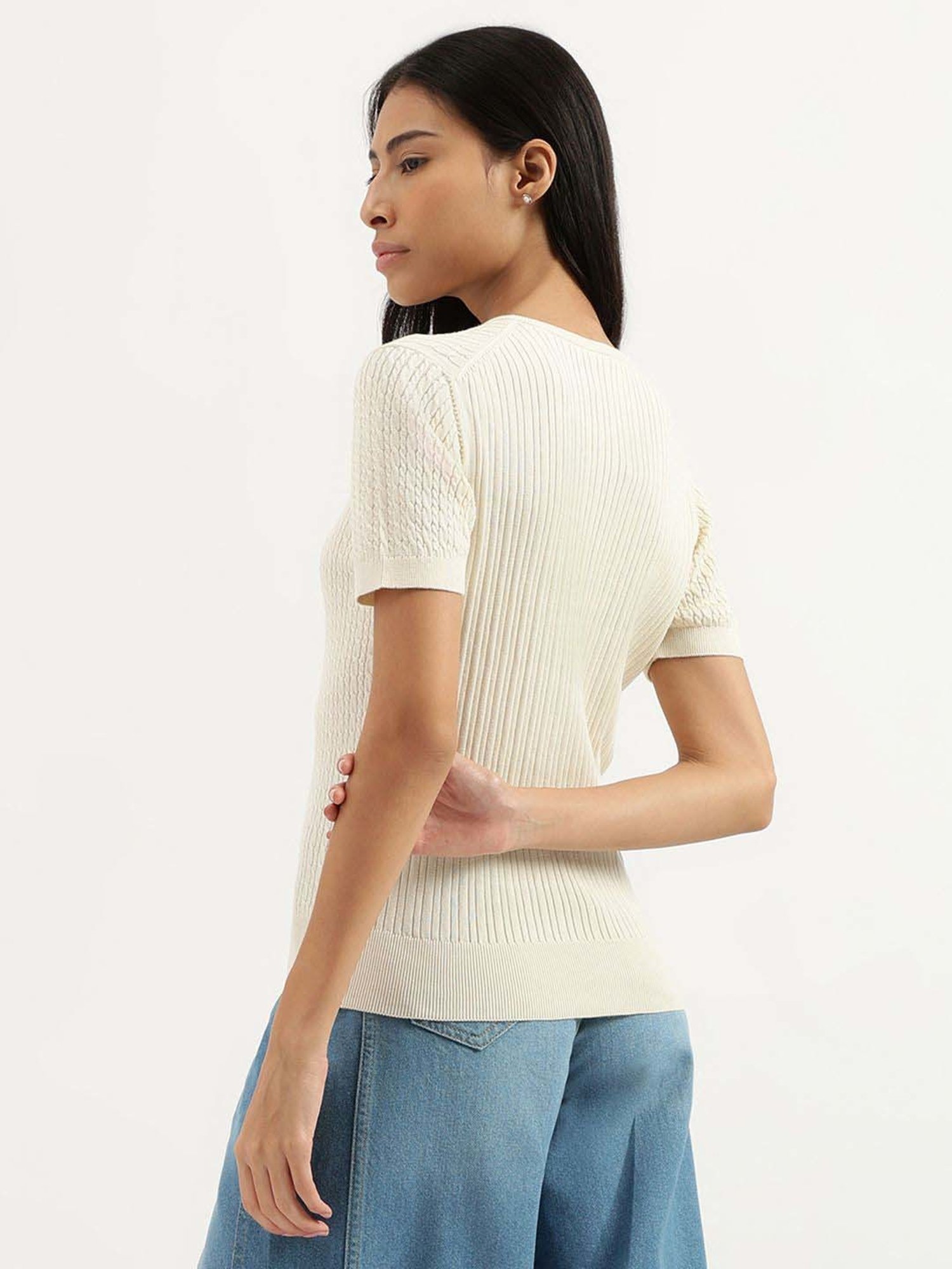 United Colors of Benetton Off White Cotton Self Pattern Top