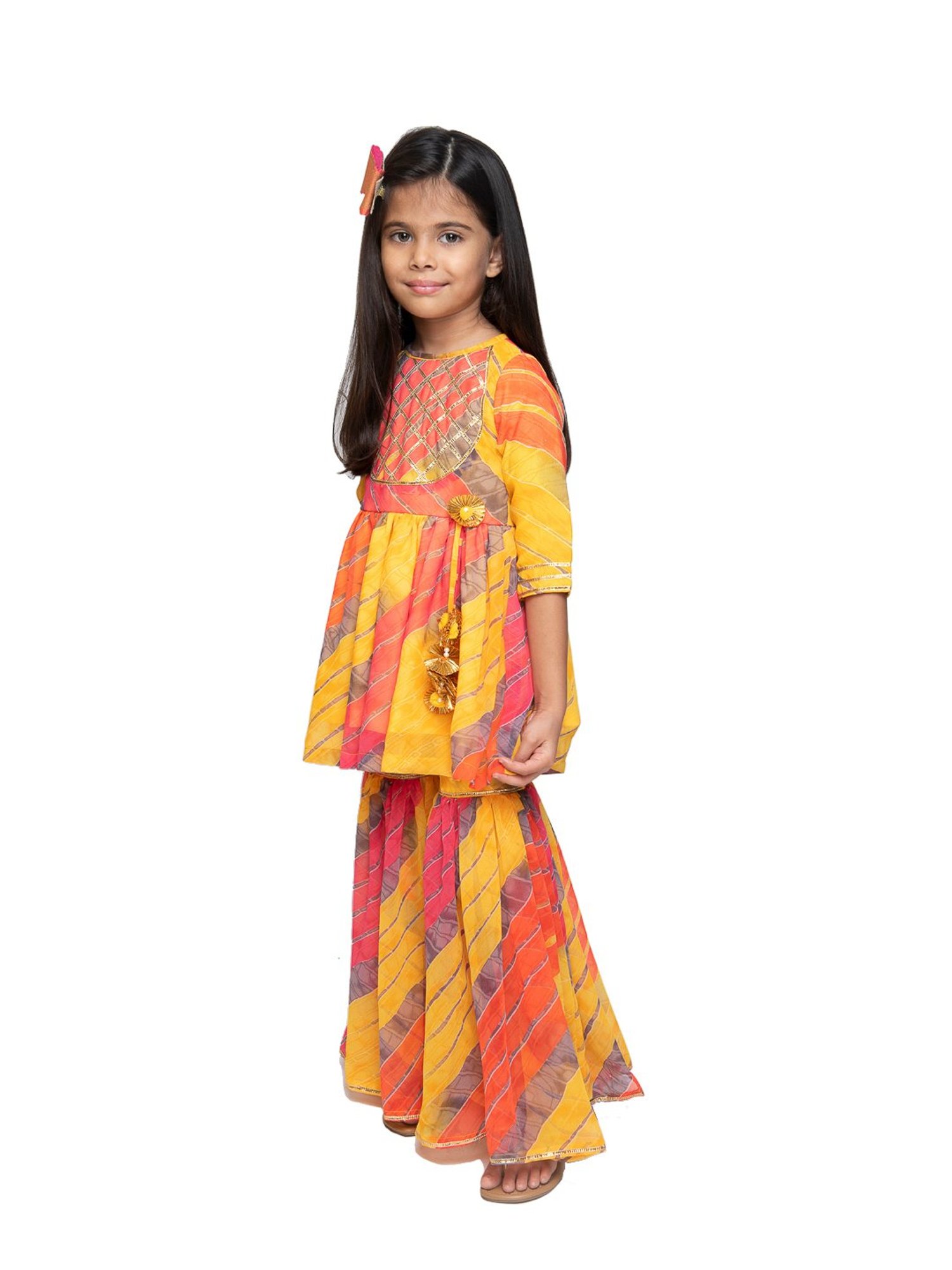 Fairies Forever Kids Multicolor Embellished Leheriya Top With Sharara