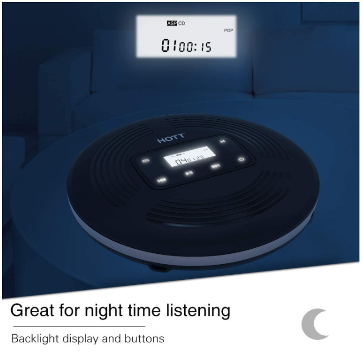 CD903TF Portable CD Player for Car Speakers with FM Transmitter Bluetooth Rechargeable Touch Button Backlight Display Black