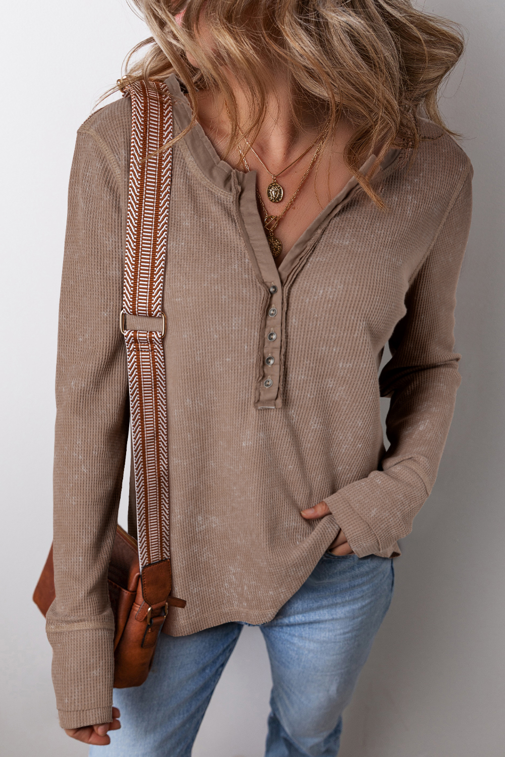 Coffee Button V Neck Waffle Knit Top