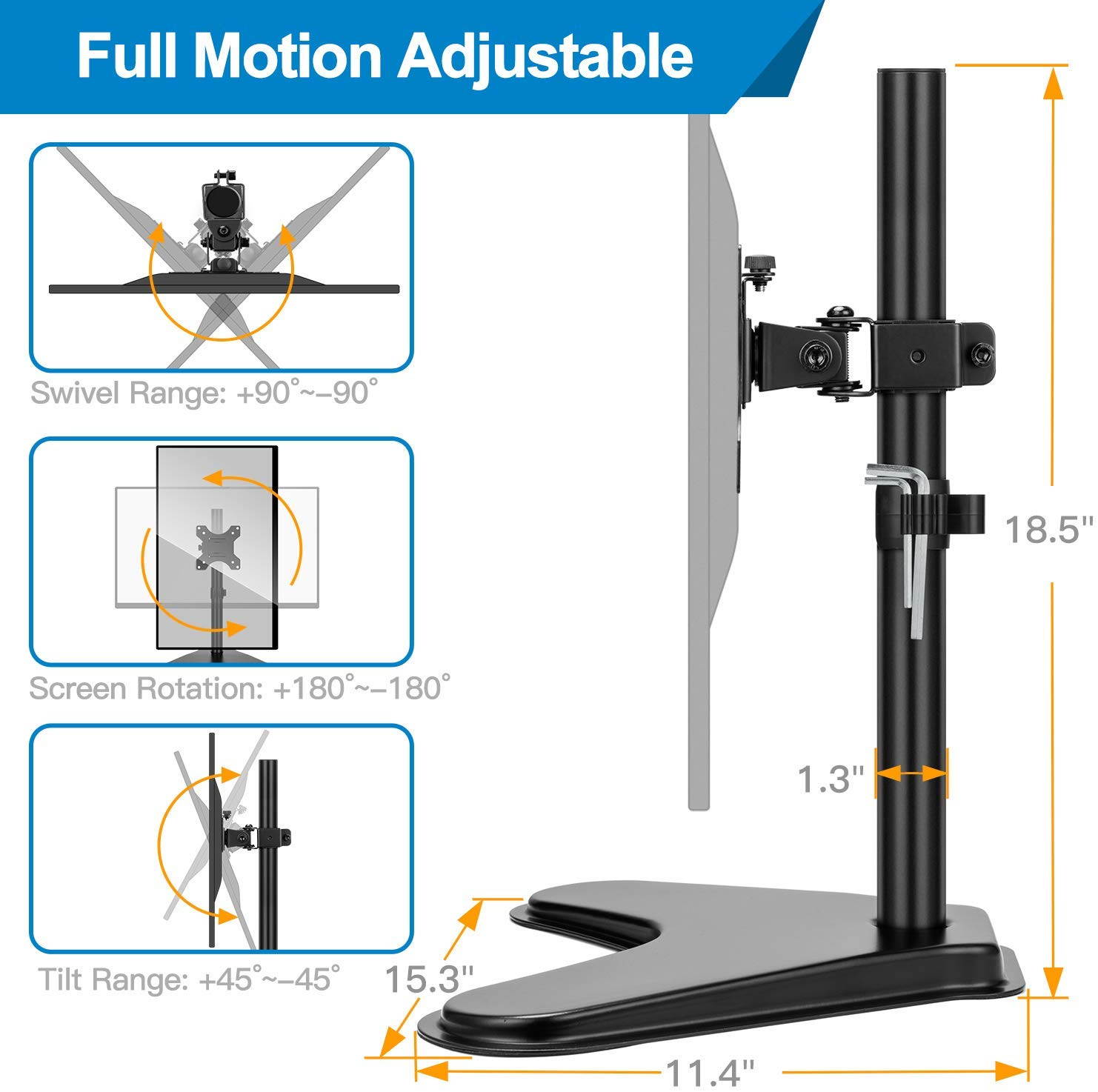 HUANUO Single LCD Monitor Stand, 2020 Upgraded Free Standing VESA Desk Mount fits One Screen up to 32 inches,17.6 lbs. Adjustable Height, Tilt, Swivel, Rotation