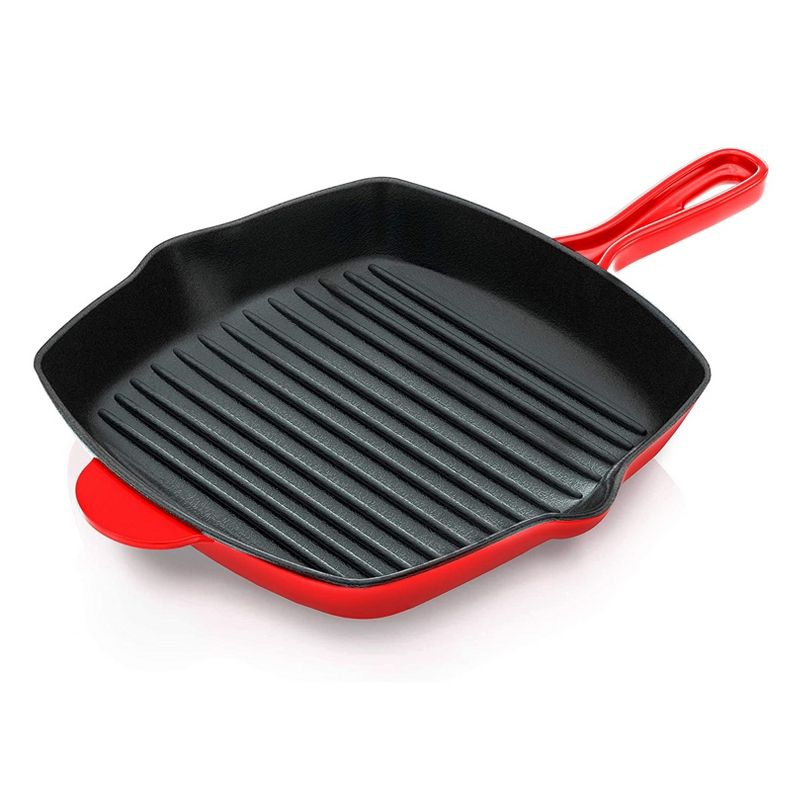 NutriChef 4 x NCCIES47 11 Inch Square Nonstick Cast Iron Skillet Griddle Grill Pan with Porcelain Enamel Coating, and Side Pour Spouts, Red (4 Pack)