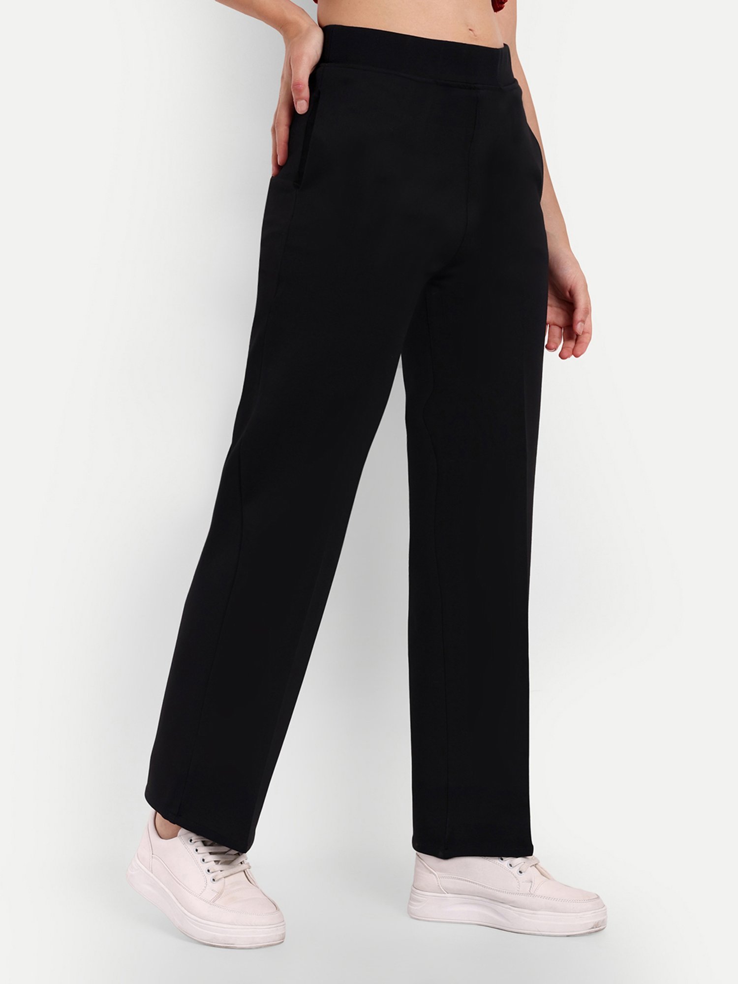 Broadstar Black Straight Fit High Rise Stretchable Trousers