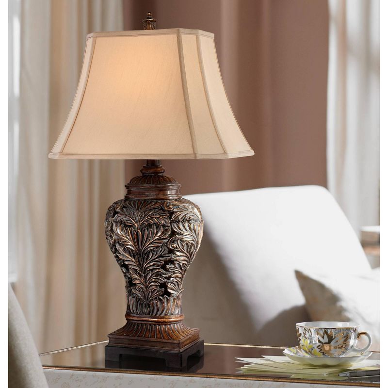 Barnes and Ivy Traditional Table Lamp Bronze Curling Leaves Tan Rectangular Shade for Living Room Family Bedroom Bedside