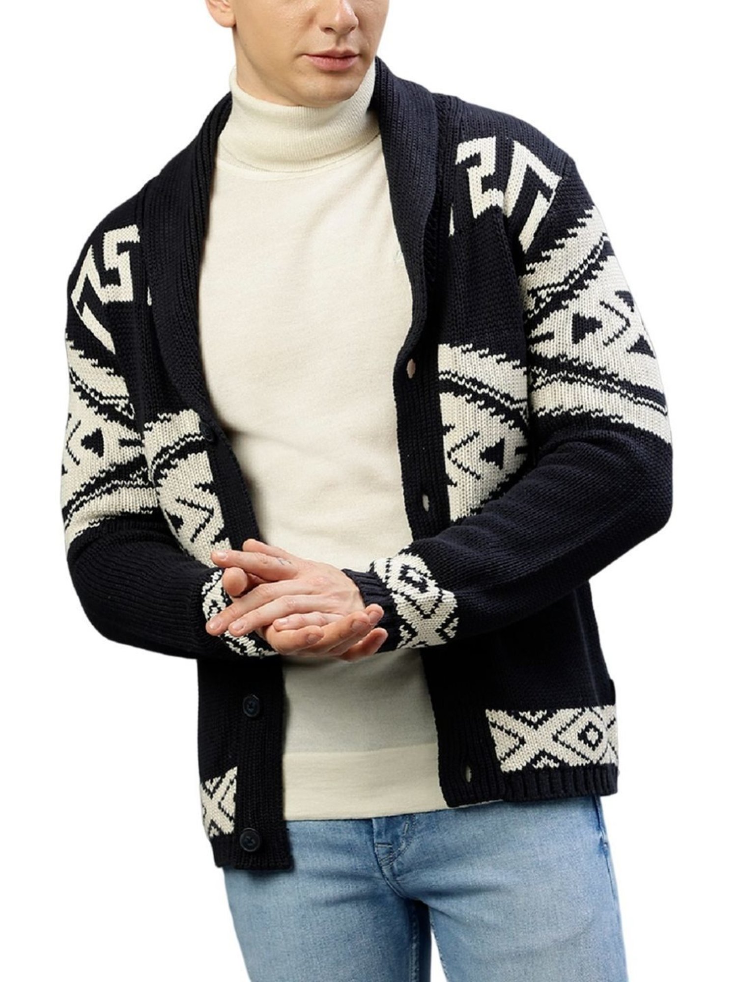 Lindbergh Navy Cotton Regular Fit Self Pattern Sweaters