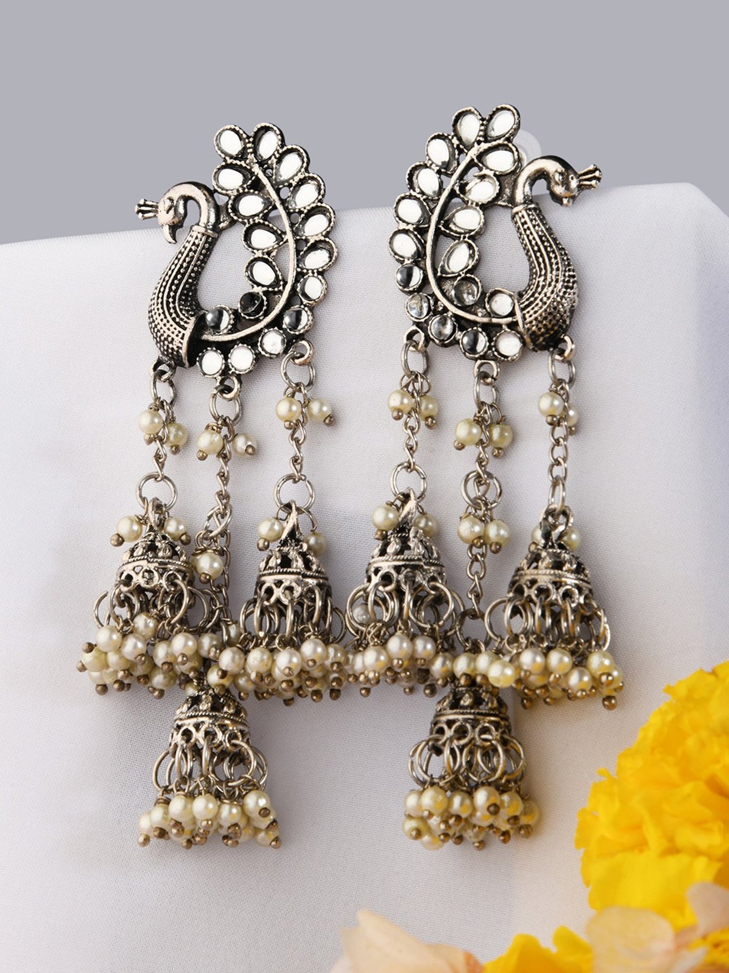 Fida Peacock Waterfall Pearl White Dangler Earrings