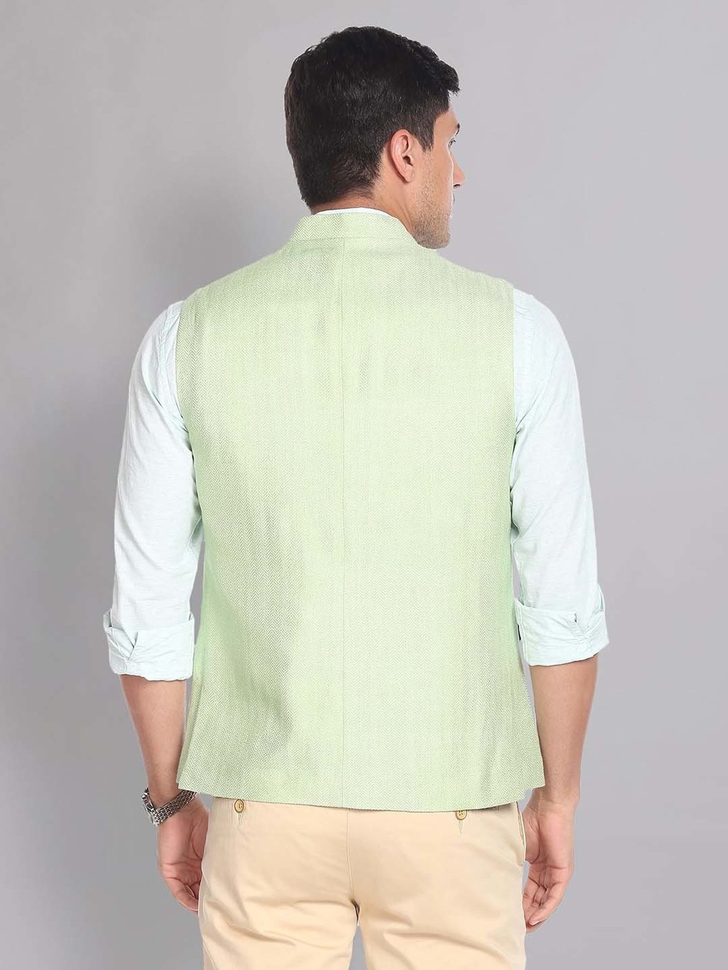 AD by Arvind Green Mandarin Collar Self Design Nehru Jacket