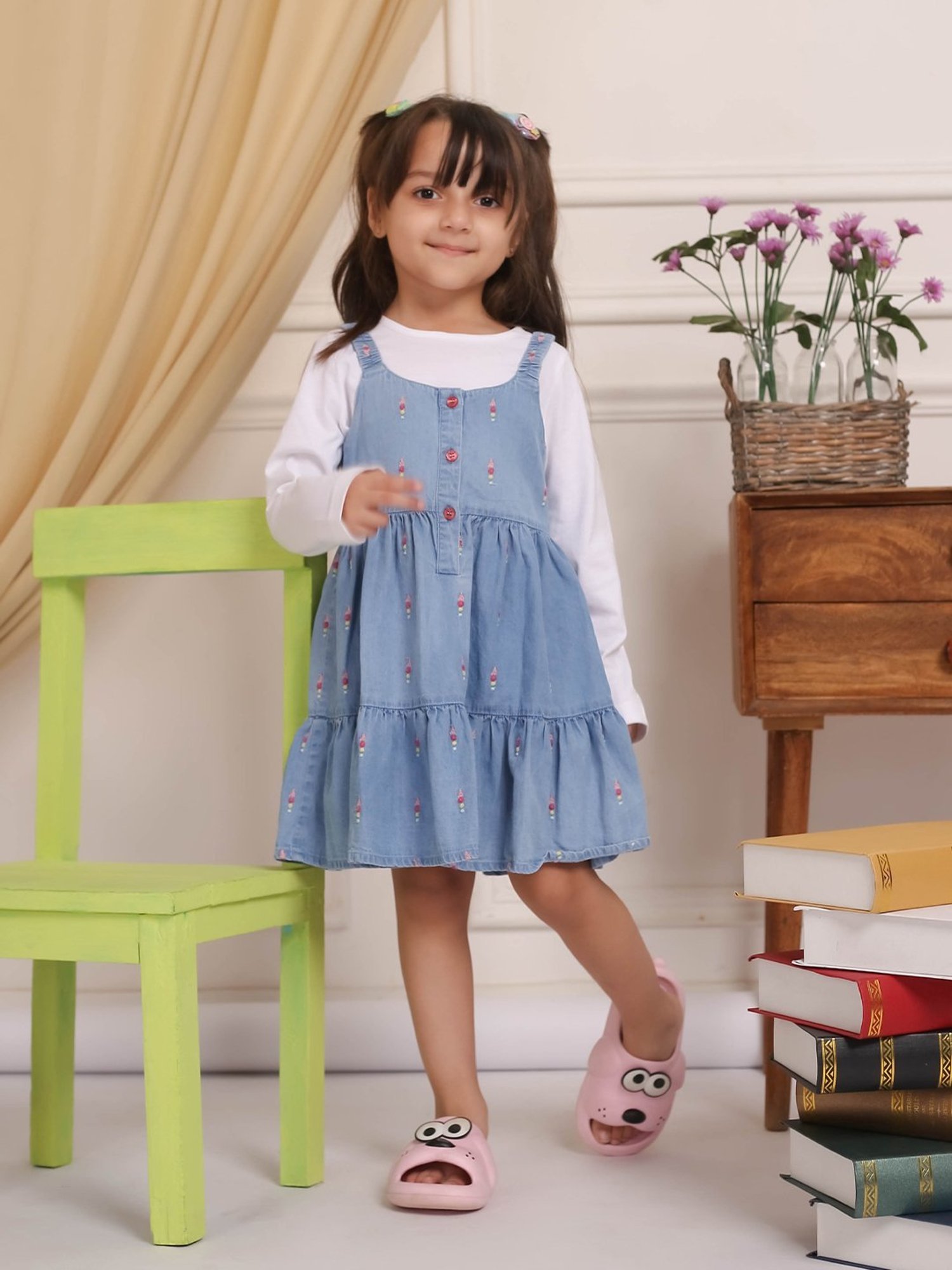 Budding Bees Girls Blue & White Embroidered Full Sleeves T-Shirt with Dungaree Dress