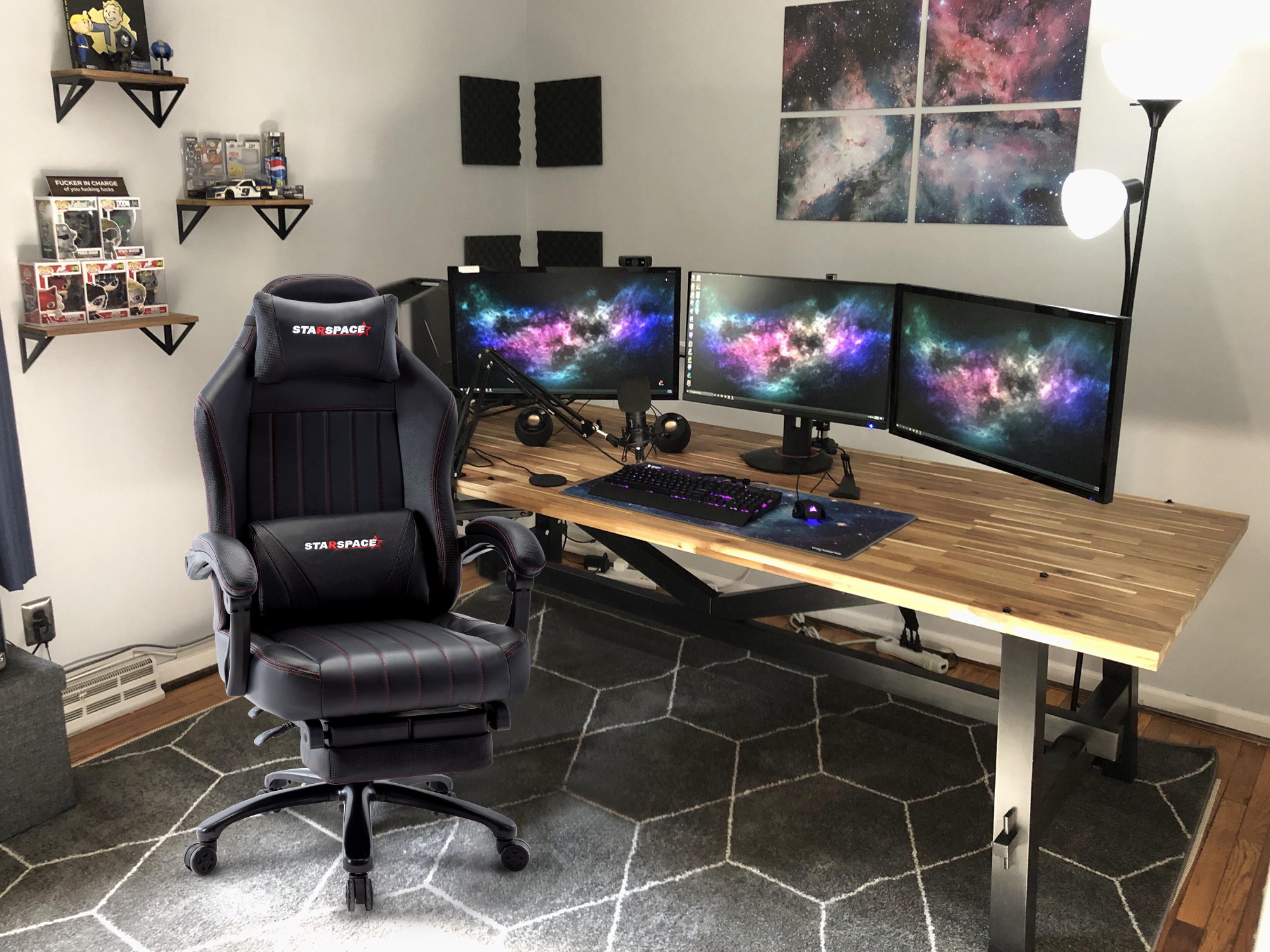 STRASPACE Big & Tall 400lb Memory Foam Reclining Gaming Chair Metal Base - Adjustable Back Angle and Retractable Footrest Ergonomic High-Back Leather Racing Executive Computer Desk Office Chair, Blue