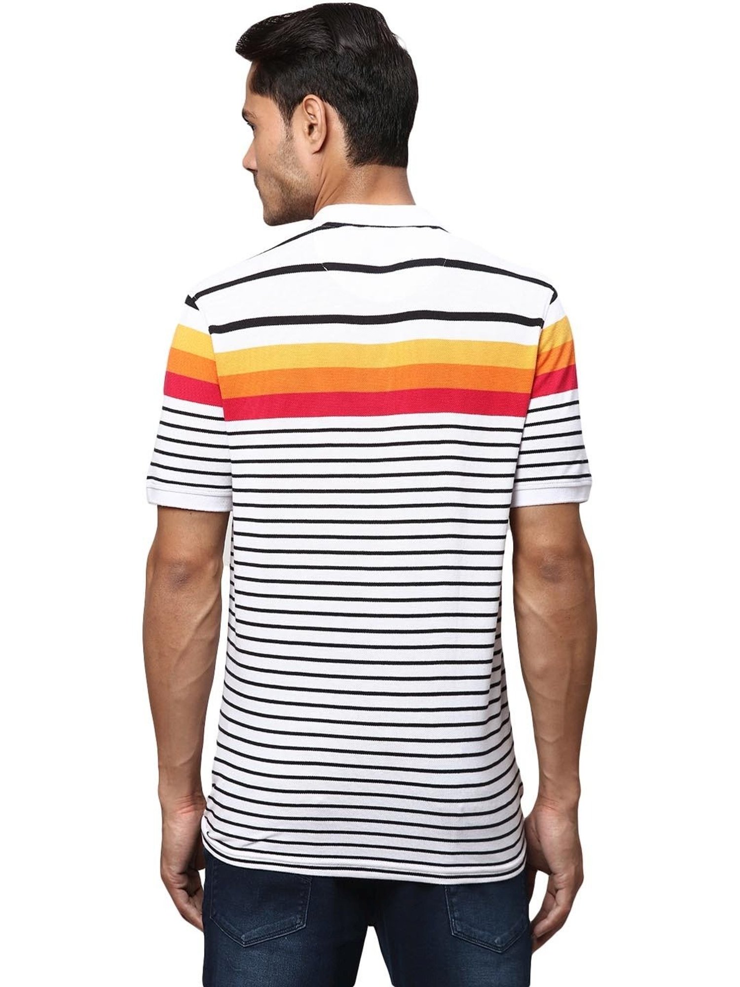 Park Avenue White  Slim Fit Striped Polo T-Shirt