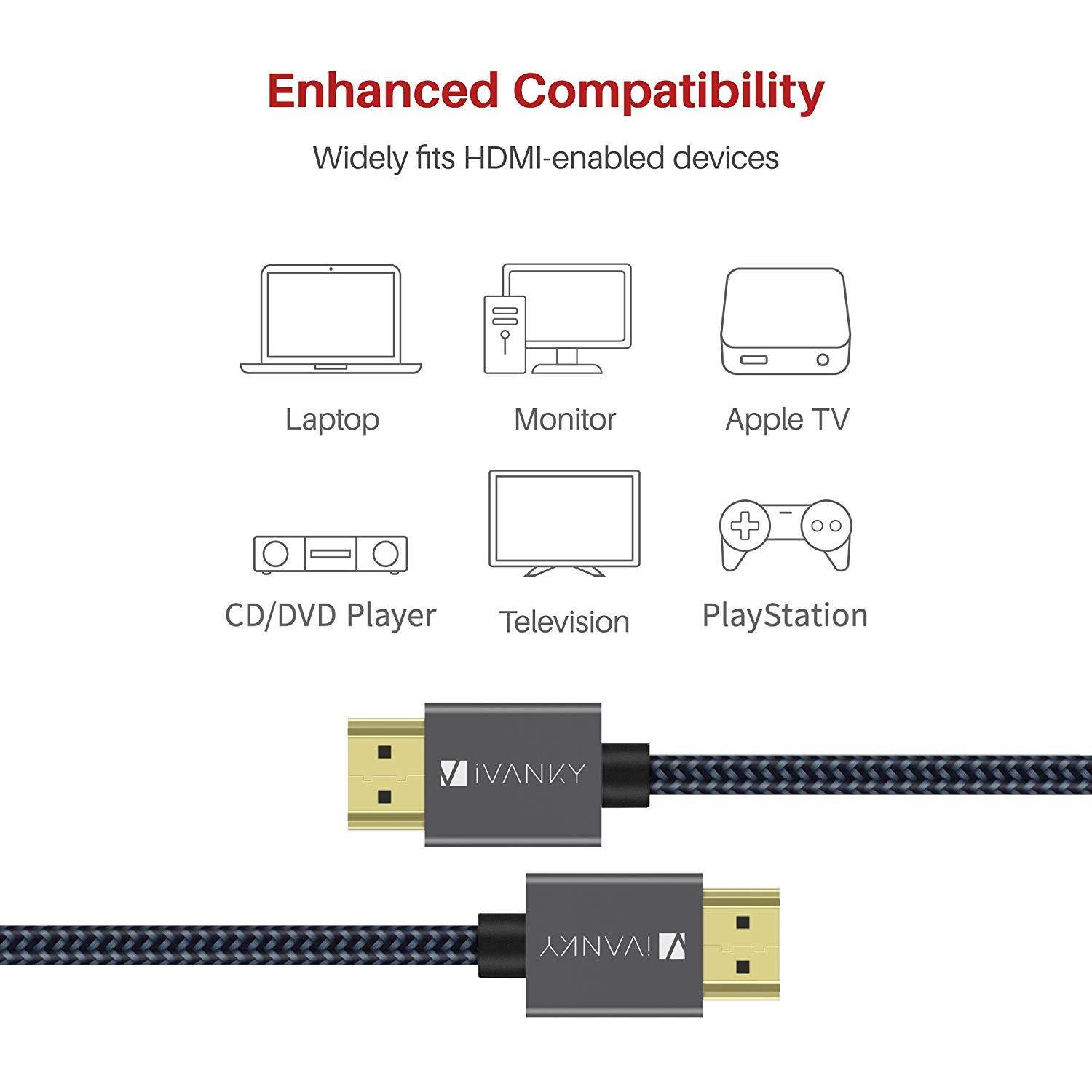 4K HDMI Cable 10 ft, iVANKY High Speed 18Gbps HDMI 2.0 Cable, 4K HDR, HDCP 2.2, 3D, 2160P, 1080P, Ethernet - Braided HDMI Cord 32AWG, Audio Return(ARC) Compatible UHD TV, Blu-ray, PS4/3, Monitor, PC