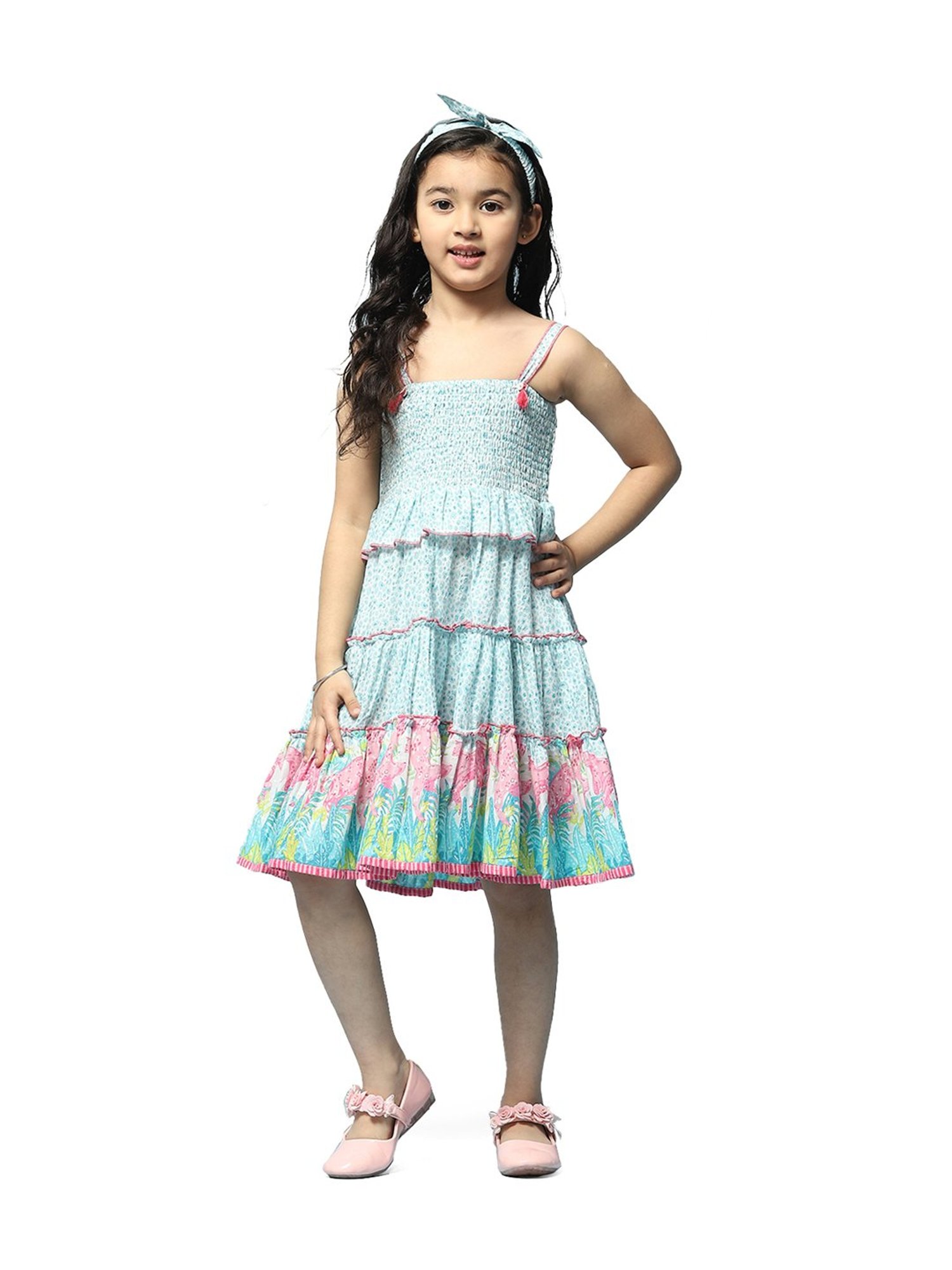BIBA Girls Kids Turquoise Blue Cotton Printed Dress
