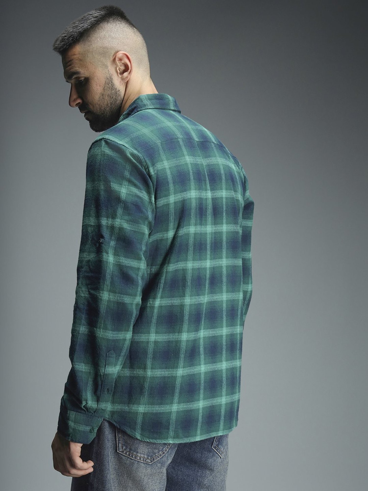 High Star Green Cotton Regular Fit Checks Shirt