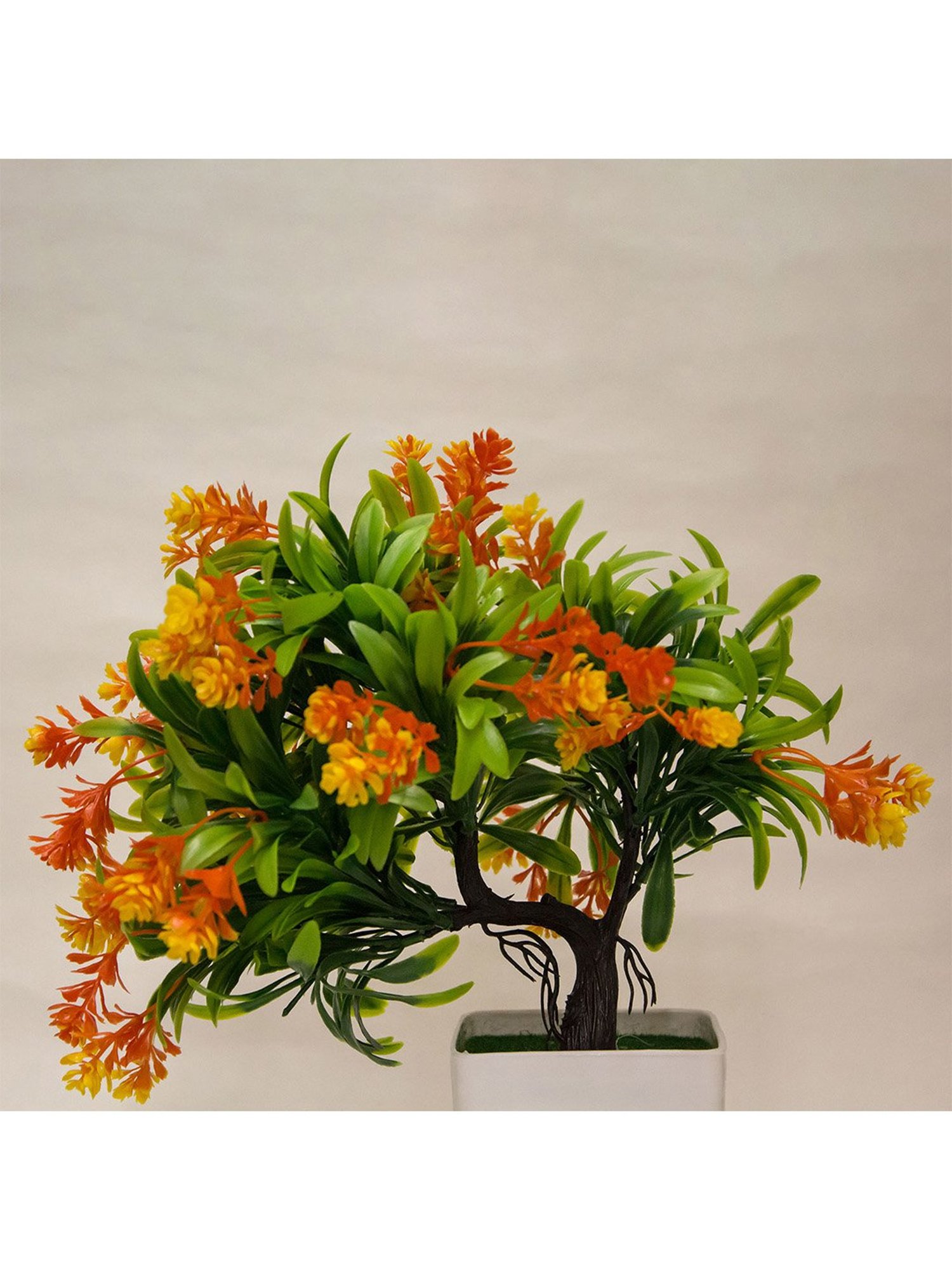 Amflix Orange Artificial Bonsai Flower Plant With Pot