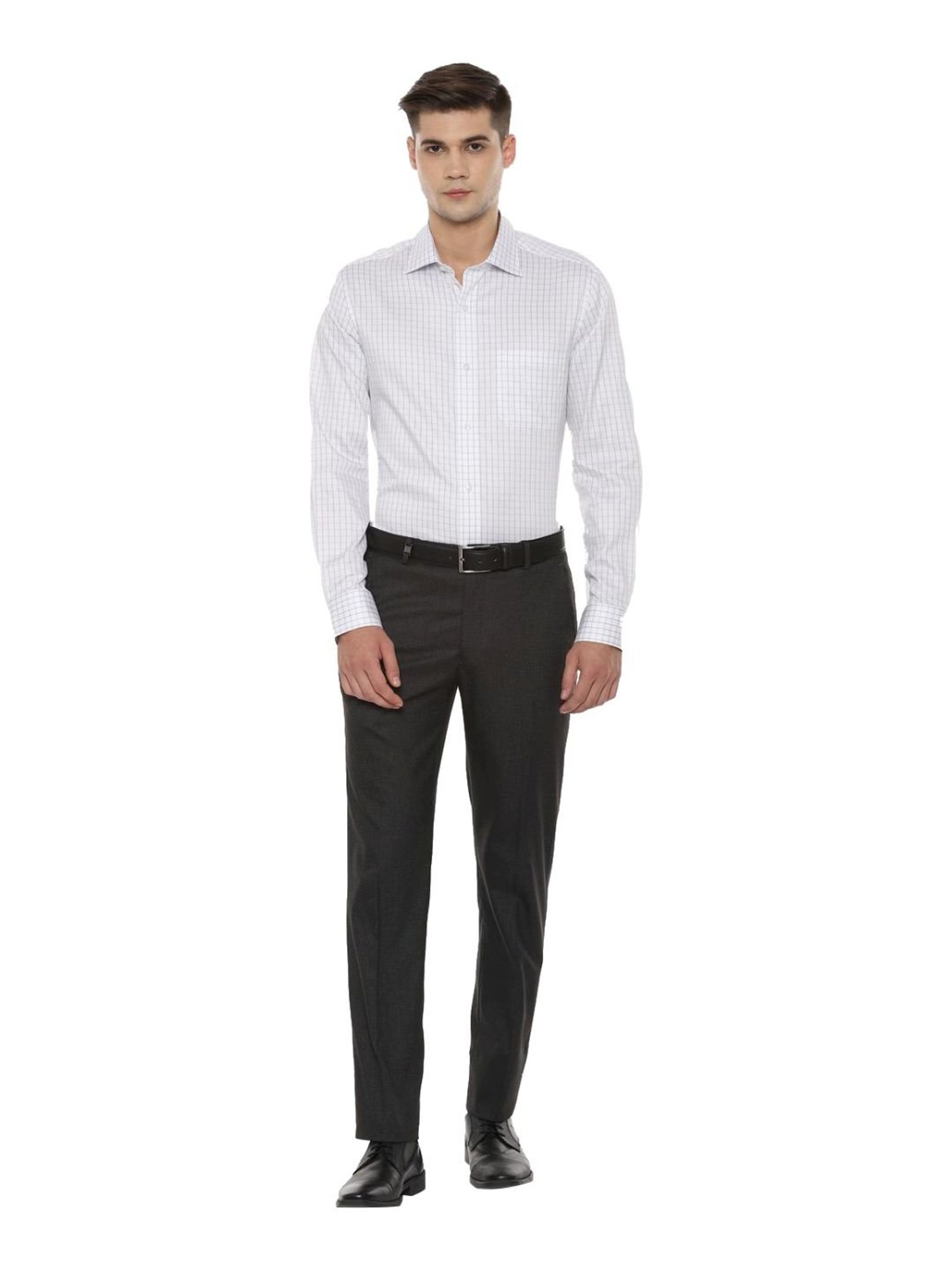 Louis Philippe Grey Slim Fit Self Pattern Formal Flat Front Trousers