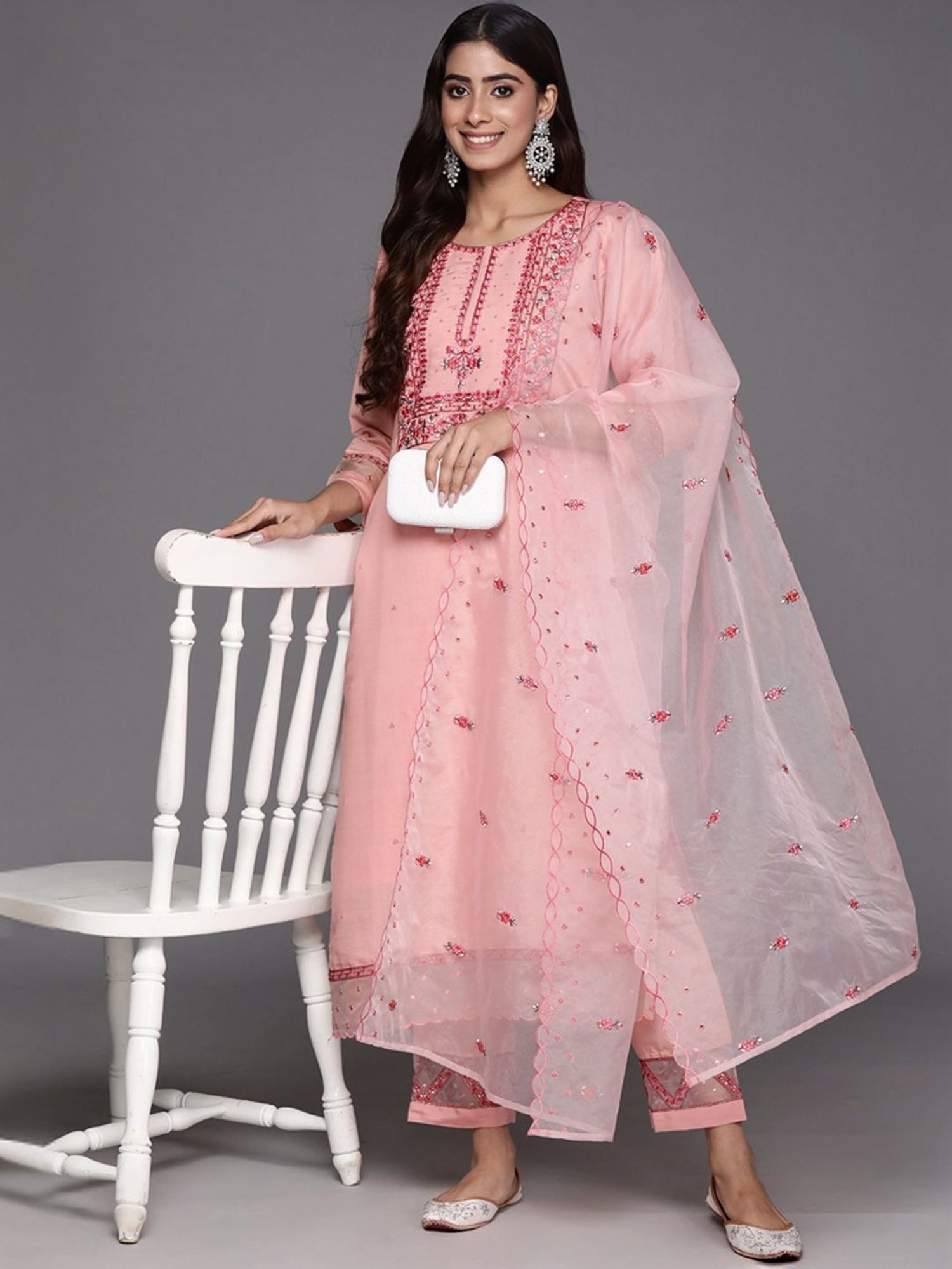 Varanga Pink Embroidered Kurta Pant Set With Dupatta