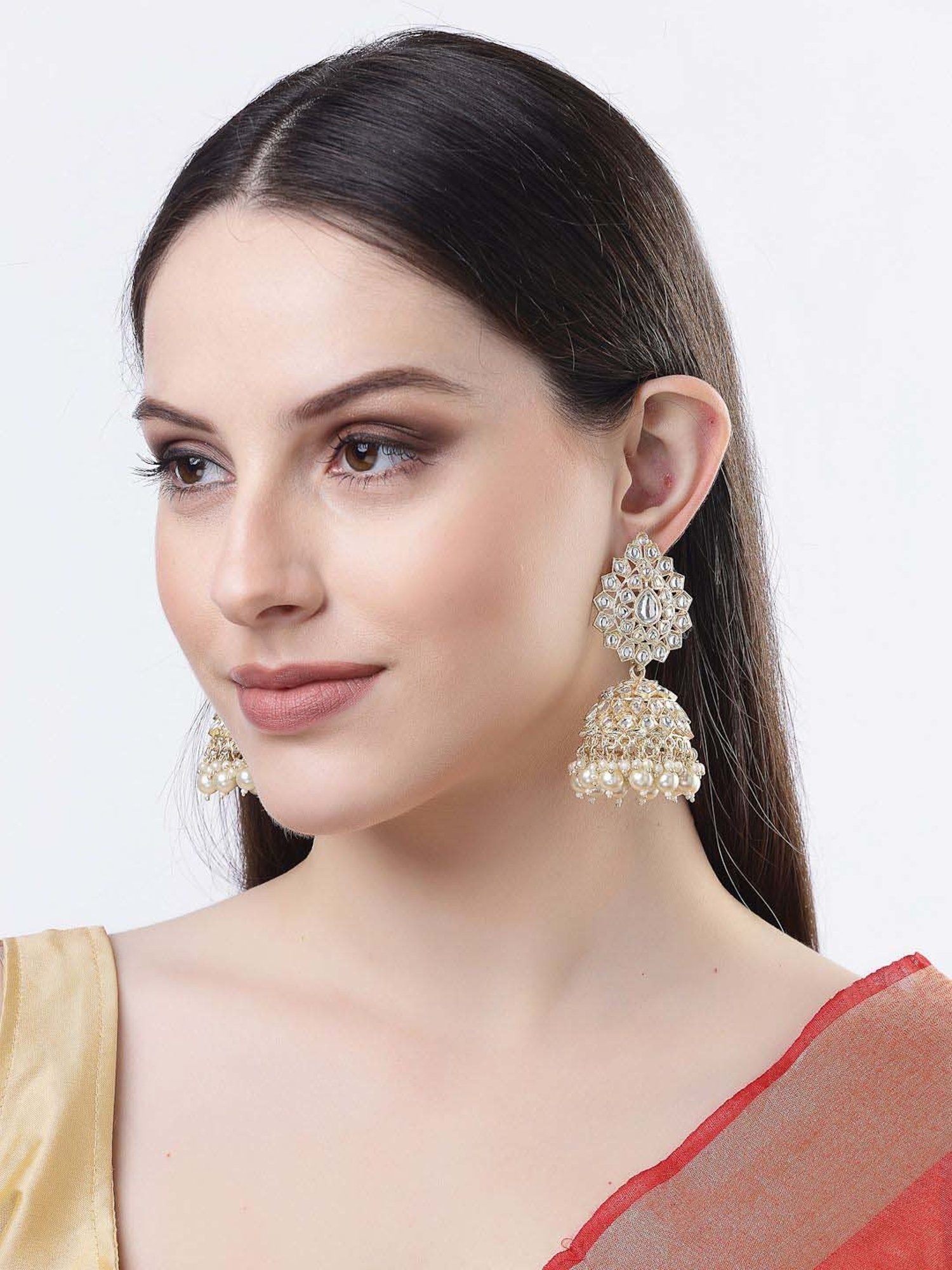 NVR Gold-Plated Handcrafted Kundan Dome Shaped Jhumki Earrings for Women