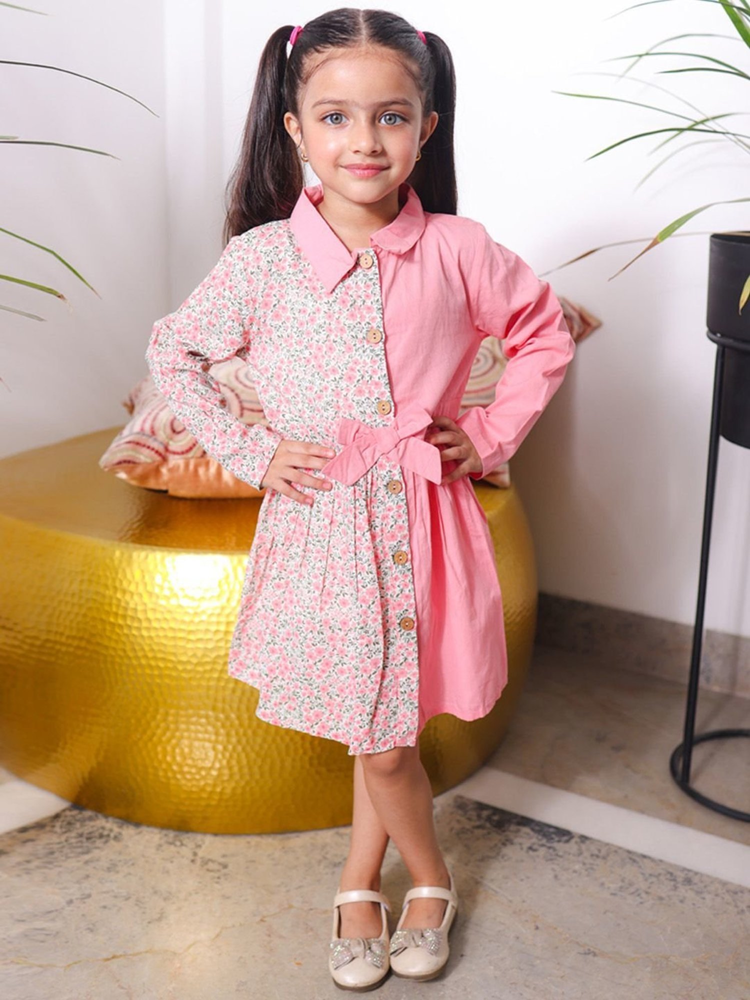 Budding Bees Kids Pink Cotton Printed Full Sleeves Dress