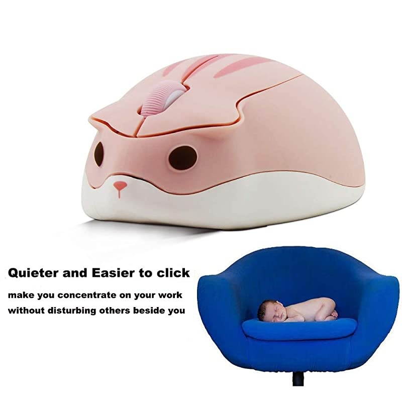 Wireless Mouse Cute Hamster Shape Less Noice Portable Mobile Optical 1200DPI USB Mice Cordless Mouse for PC Laptop Computer Notebook MacBook Kids Girl Gift Pink