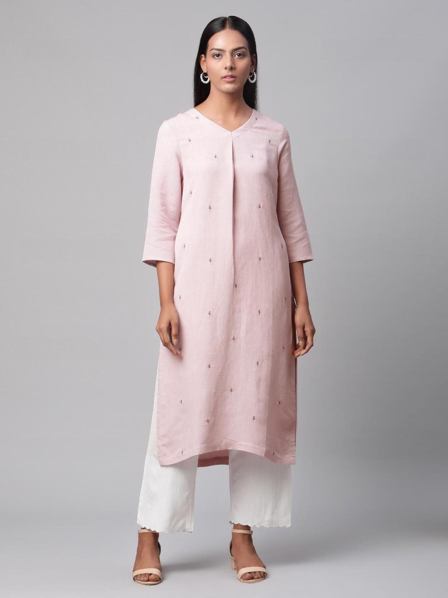 Linen Club Women Light Pink Embroidered Kurta