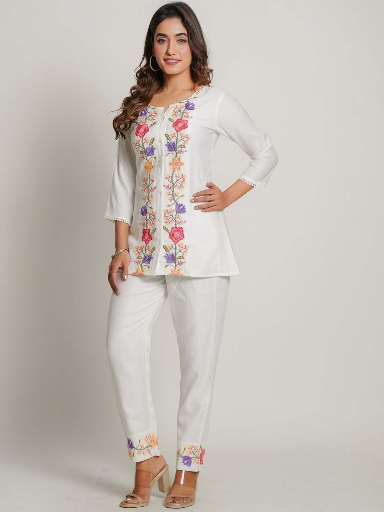 Zolo Label White Cotton Embroidered Shirt Pant Set