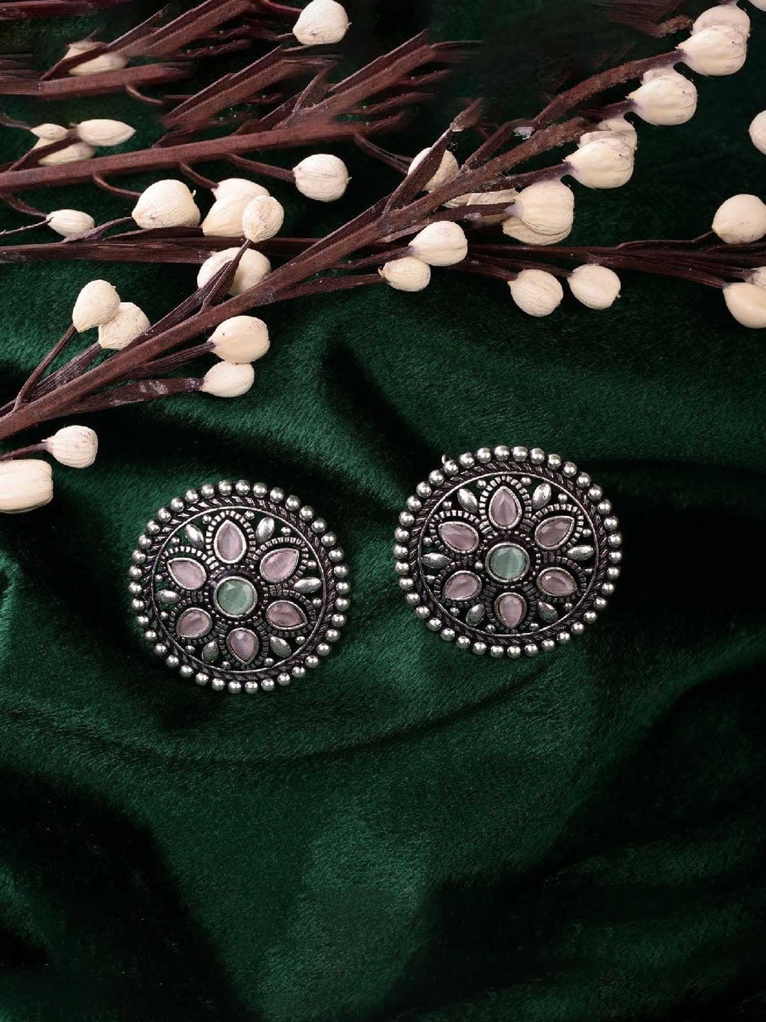Saraf RS Jewellery Oxidised Silver Pink Mint Studds Earrings