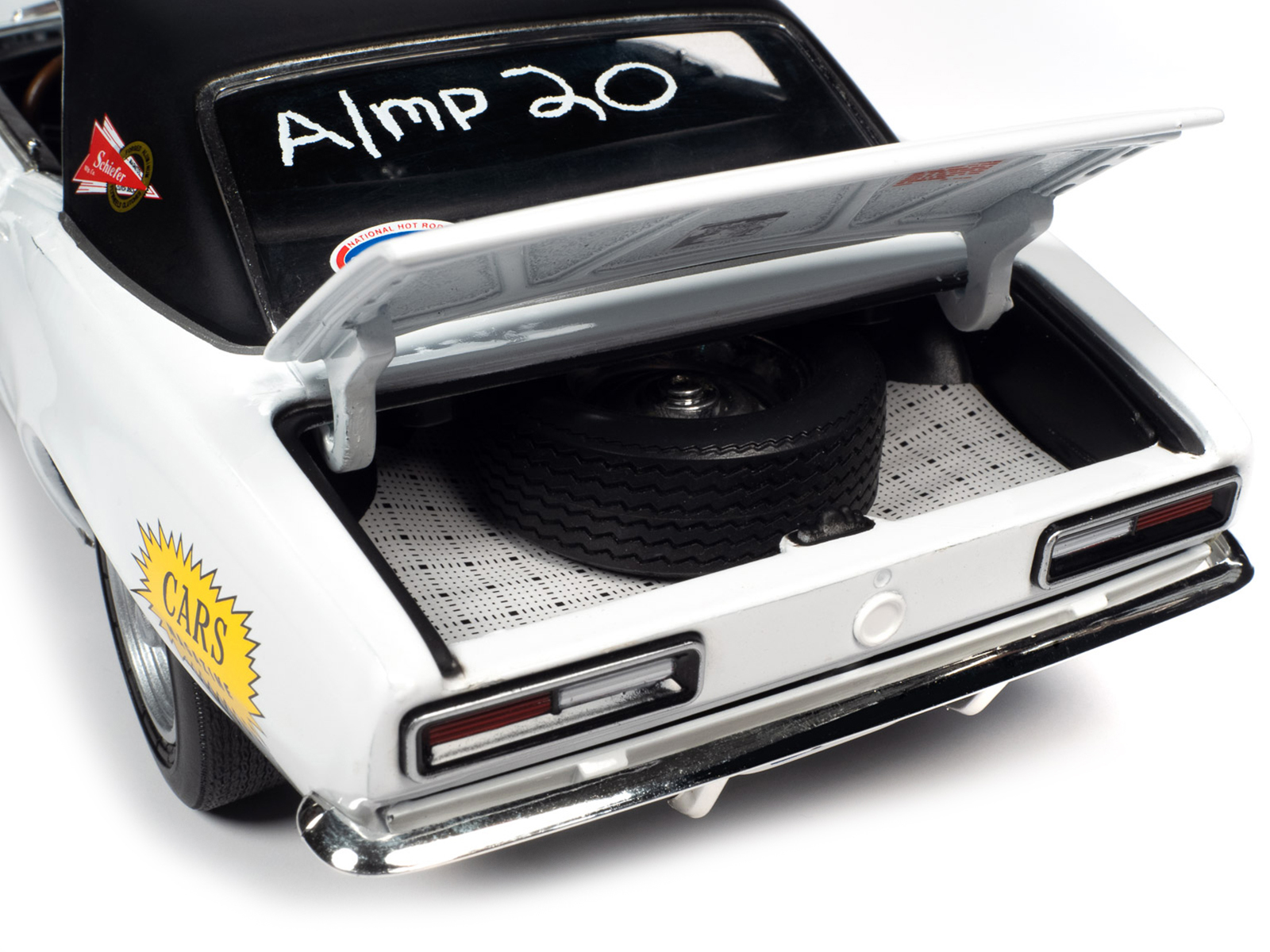 1967 Chevrolet Camaro SS Baldwin Motion Joel Rosen "Motion Supercar Club" White with Black Vinyl Top and Graphics 1/18 Diecast Model Car by Auto World