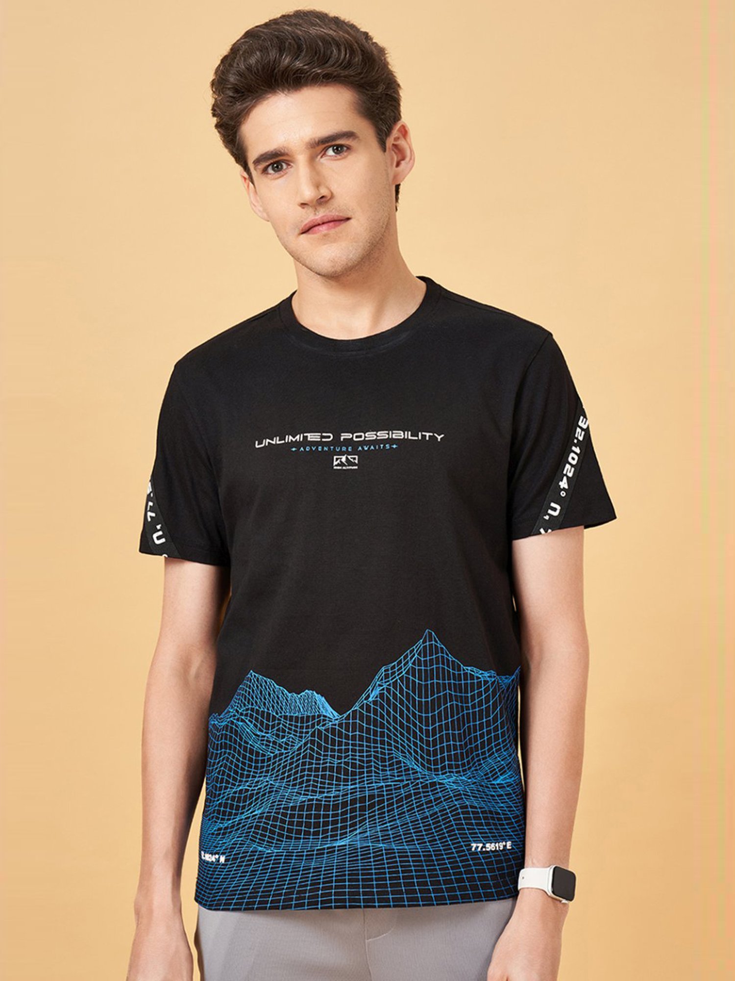 Ajile by Pantaloons Jet Black Cotton Slim Fit Printed T-Shirt