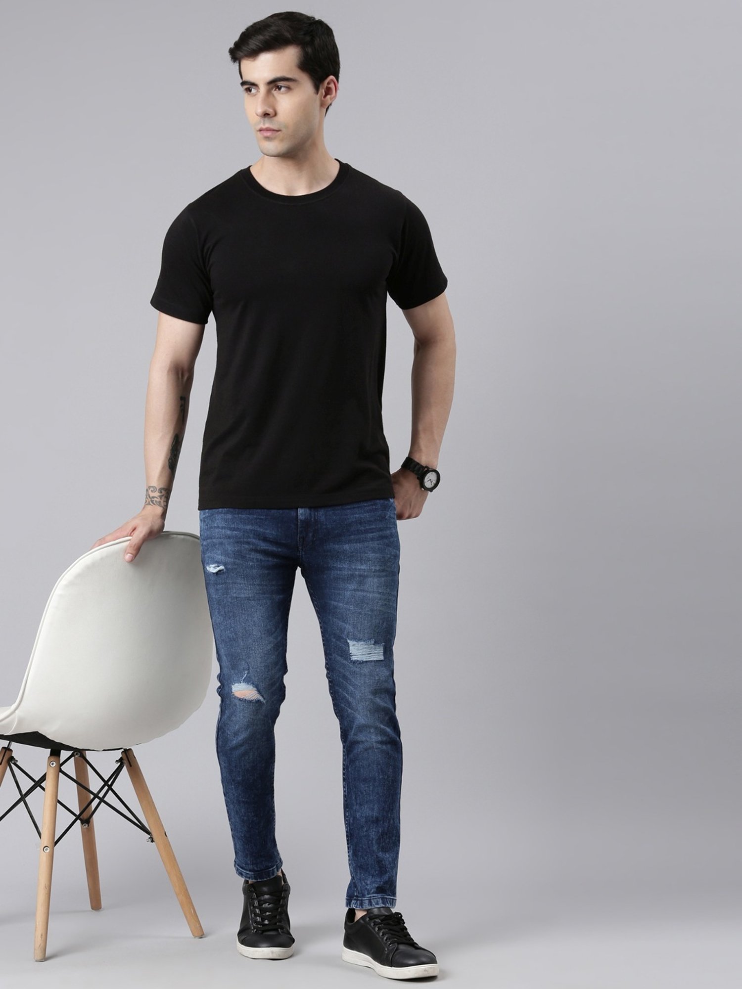 CINOCCI Denim Blue Cotton Slim Fit Distressed Jeans