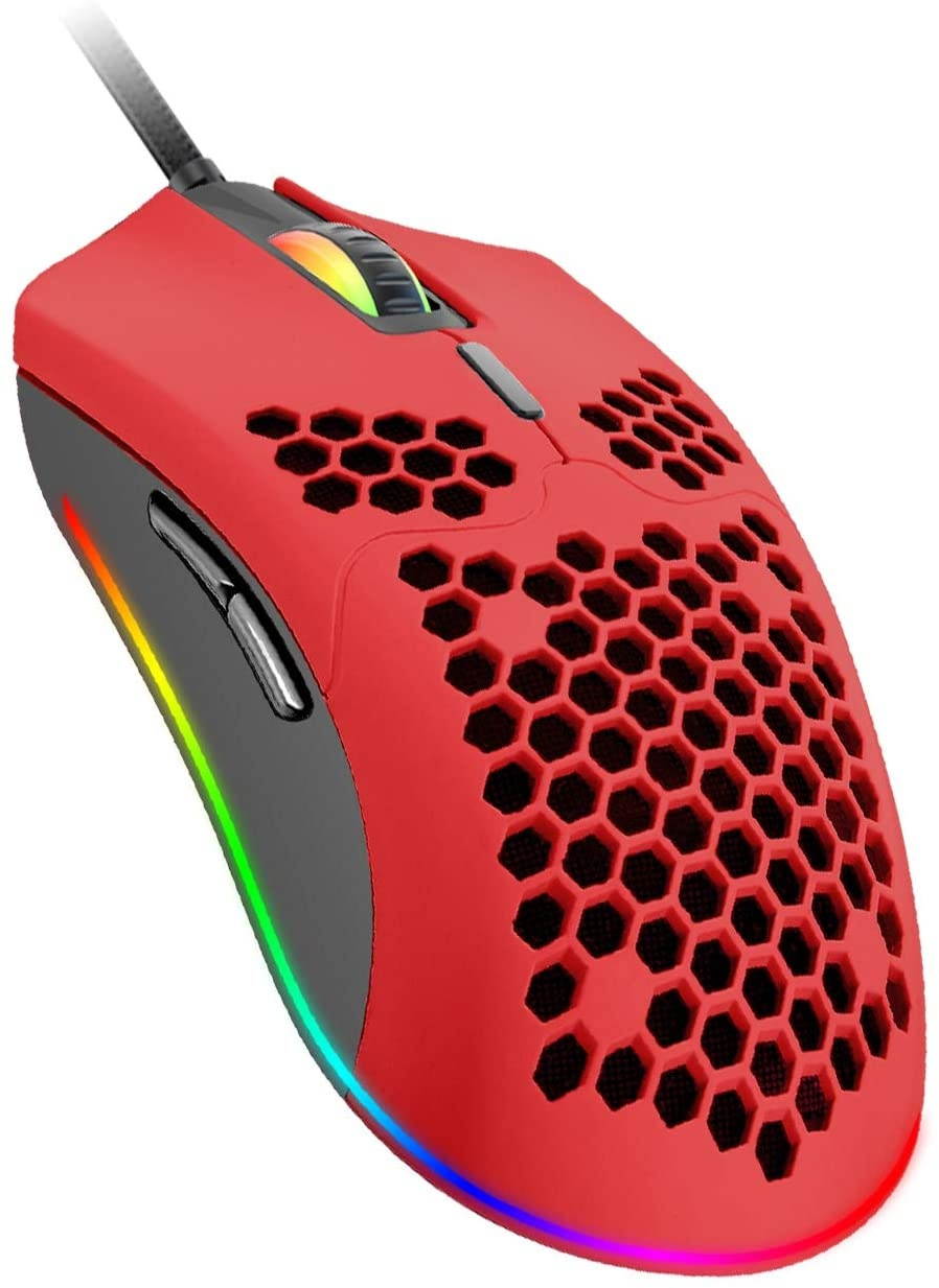Wired Lightweight Gaming Mouse  6400DPI Backlit Mice with 7 Buttons Programmable DriverUltralight Honeycomb Shell Ultraweave Cable Mouse for PC Gamers and Xbox and PS4 Users(Red)