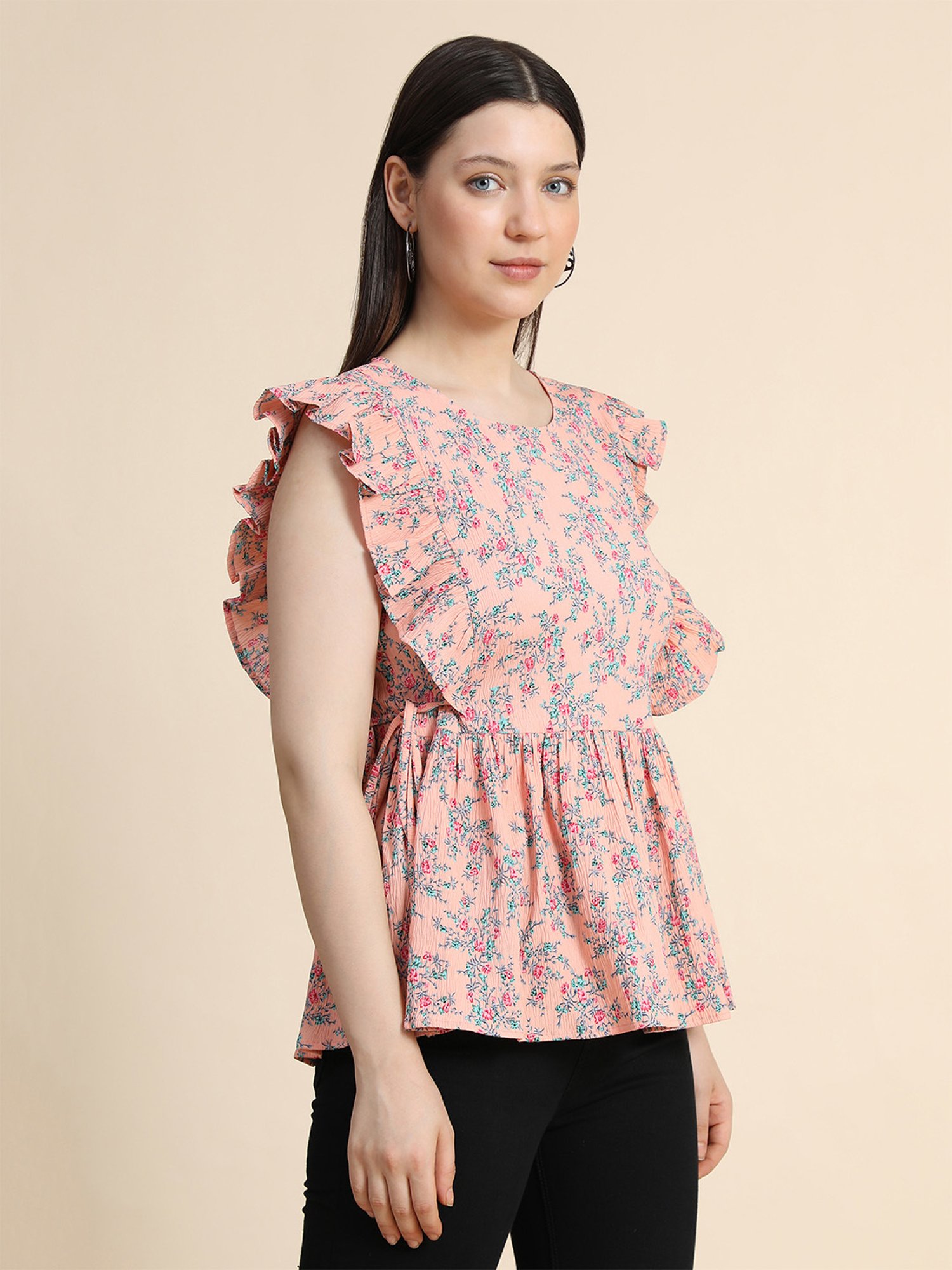 KERI PERRY Peach Cotton Floral Print Top
