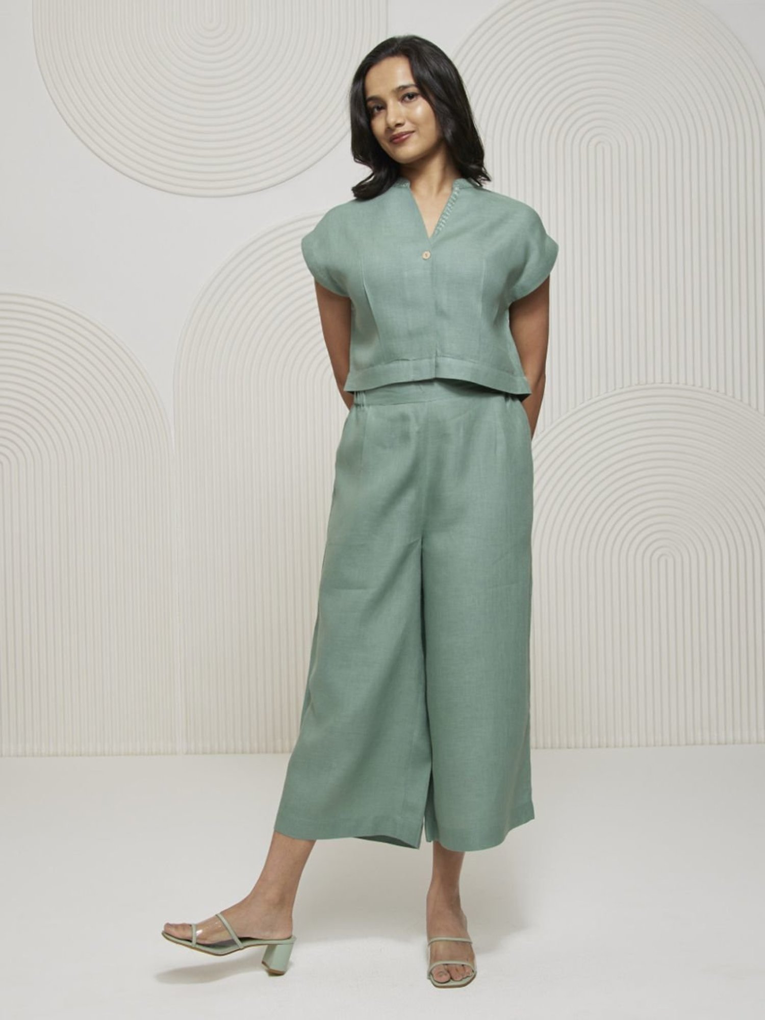 Artagai Nilgiri Green Linen Co-Ord Set with Culotte and Round Neck Band Collar Top