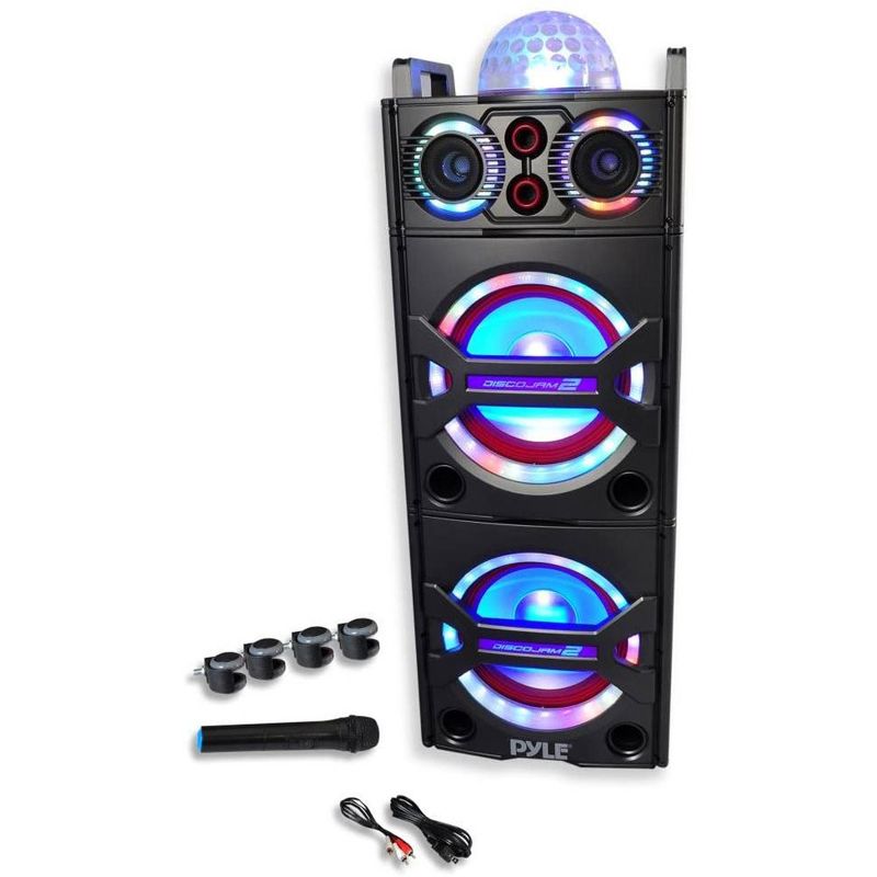 Pyle PSUFM1043BT 200 Watt Portable Outdoor Bluetooth Speaker Karaoke System with Flashing Party Lights and Wireless Microphone Included