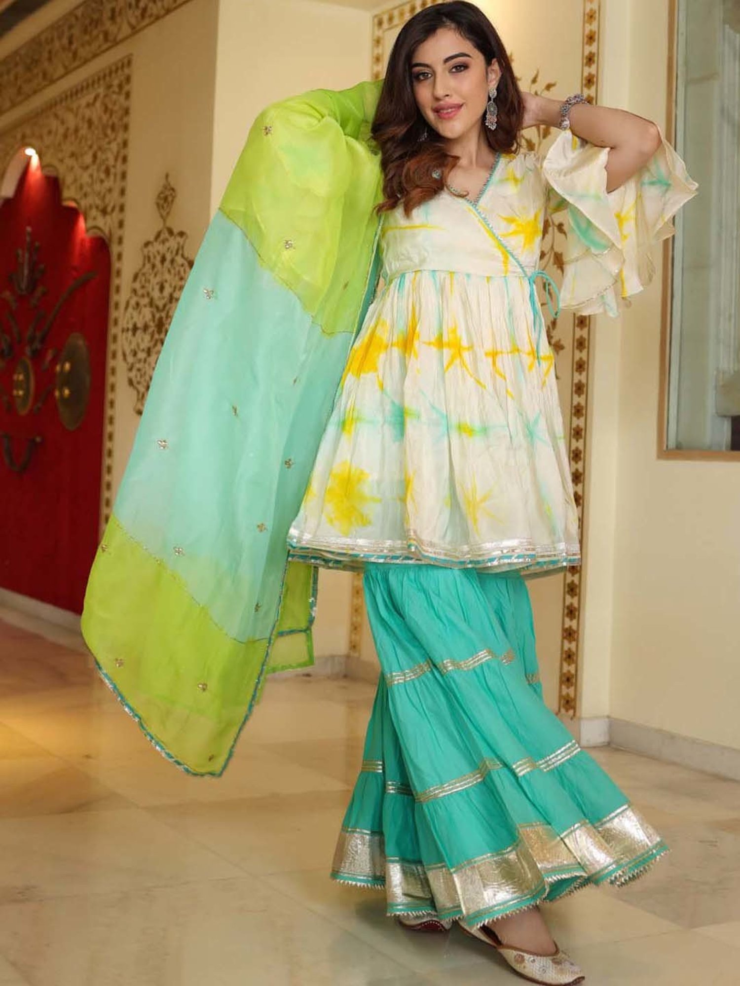 AACHHO White & Turquoise Tie & Dye Kurti Sharara Set With Dupatta