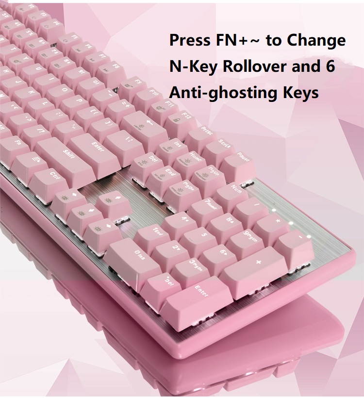 Hyeku GK706 N-key Rollover Ergonomic Design,Cool Exterior USB  Wired Kailh Brown Mechanical Gaming  Keyboard With White Backlit  For Office And Game - Pink