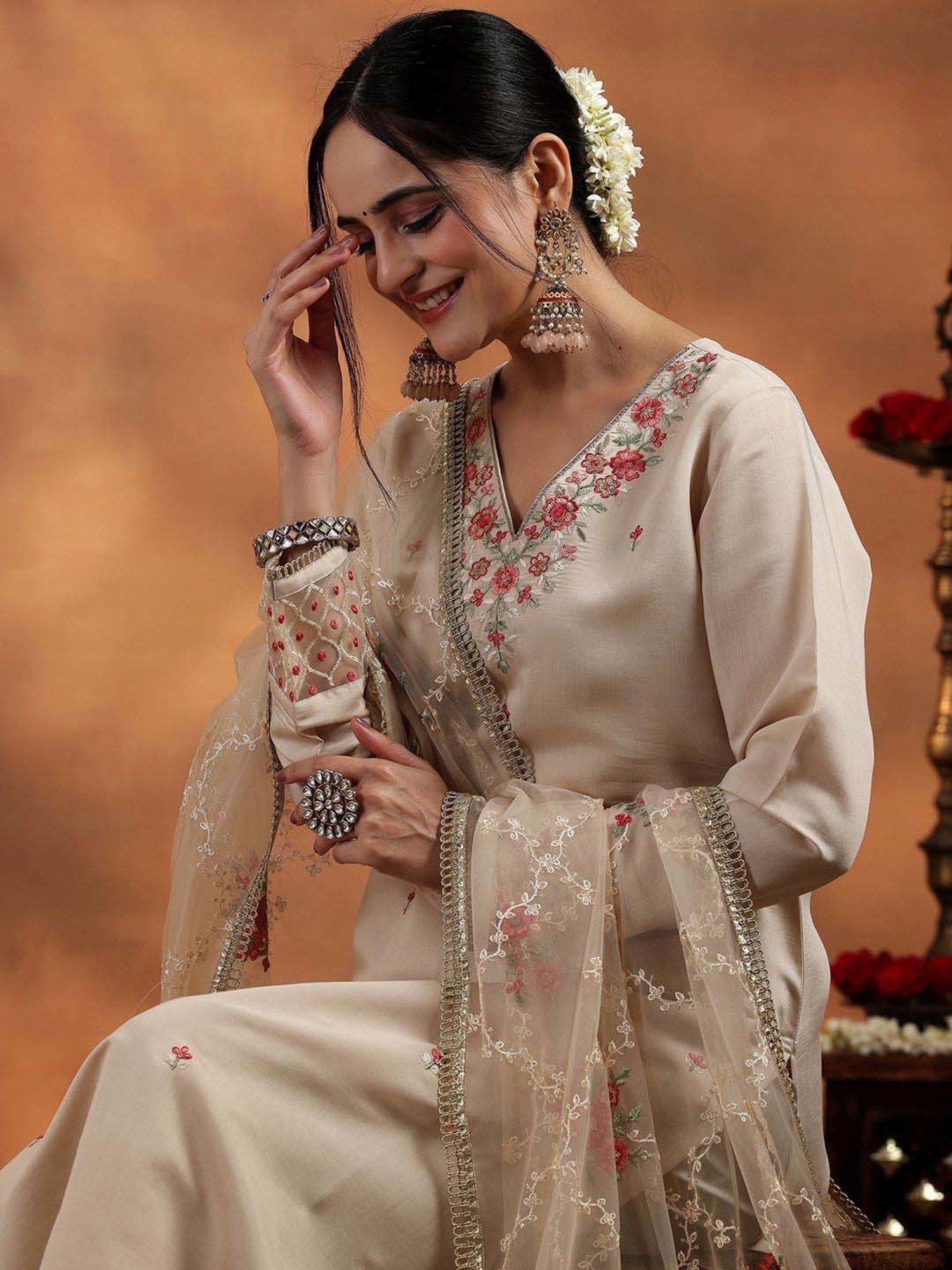 Libas Beige Embroidered Kurta Pant Set With Dupatta