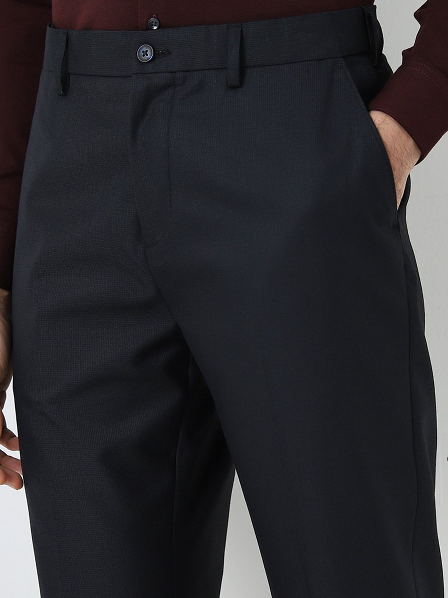 WES Formals by Westside Black Solid Relaxed-Fit Mid-Rise Trousers